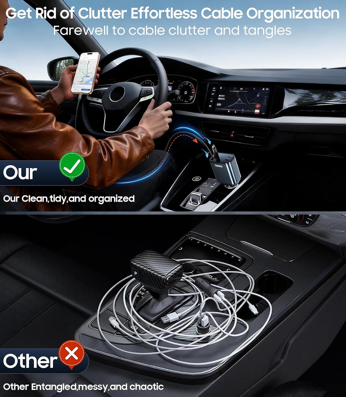 Temdan Retractable Car Charger,75W Fast Charger USB C Car Truck Accessories
