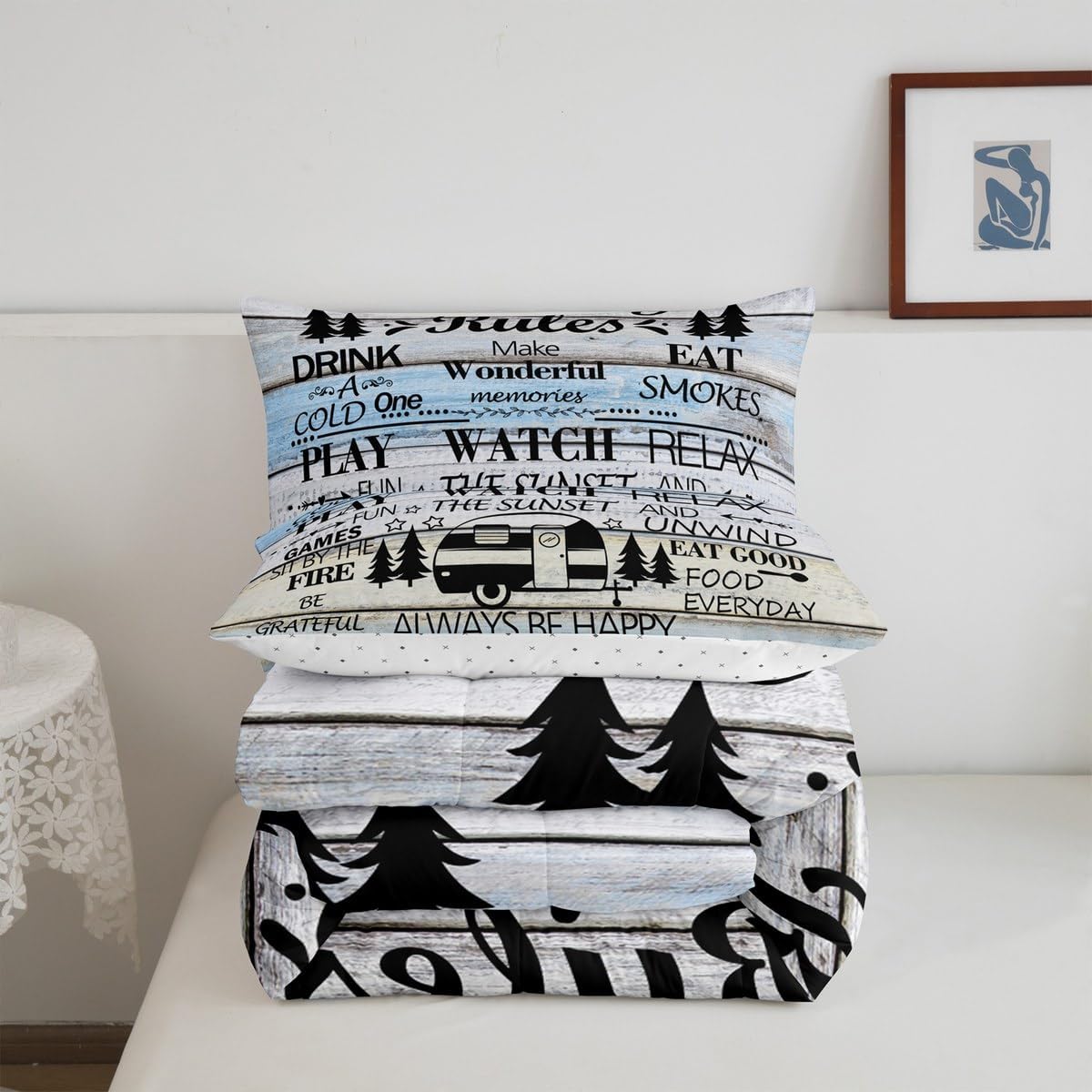 Manfei Rustic Adventure Camper Kids Comforter Set Twin Size,Happy Camping Cabin Lake House Bedding Set,Girls Boys Room Decor,Cottage Wooden Door Quilt Comforter,Country Duvet Insert,1 Pillowcase