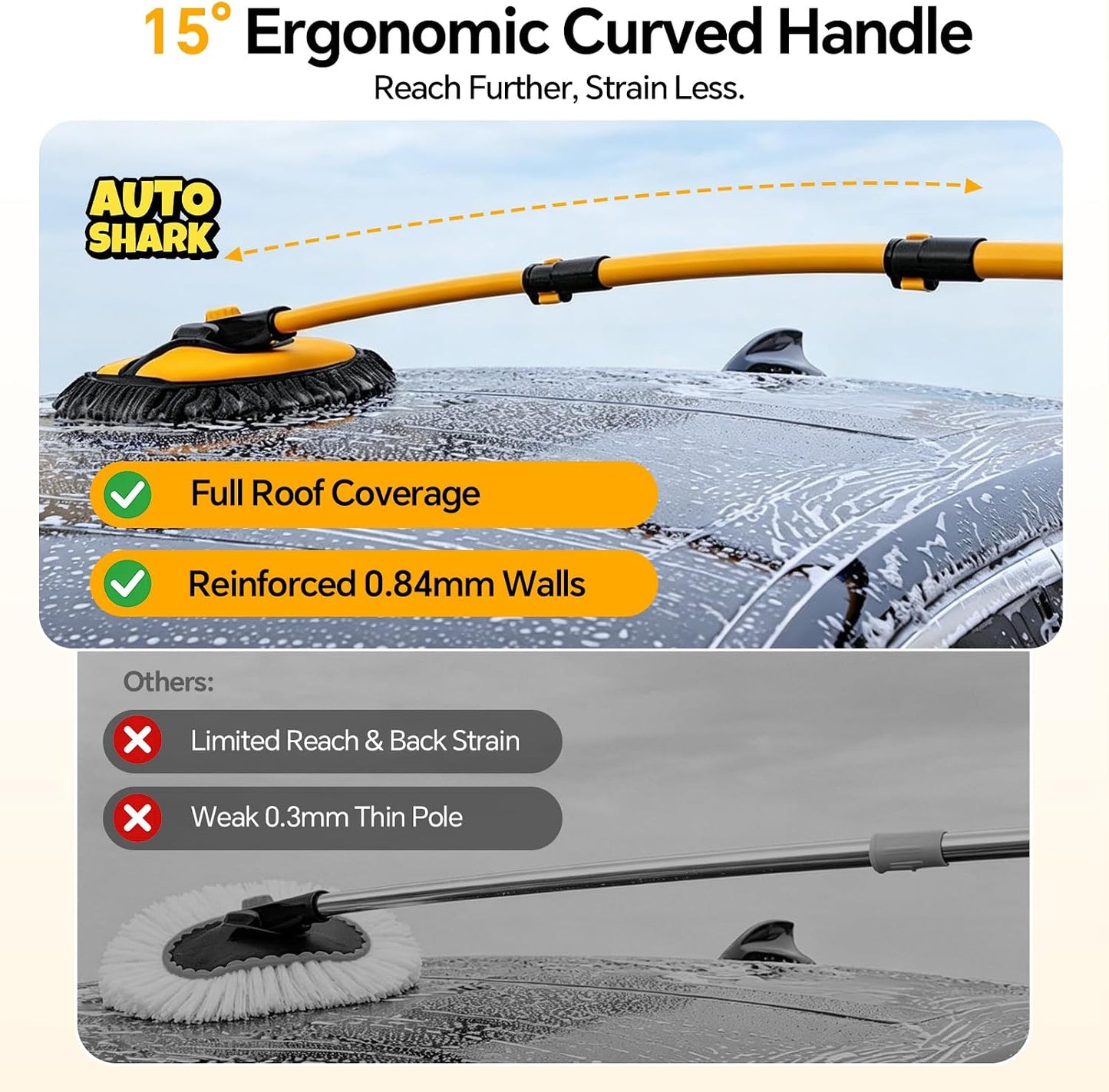 7-in-1 Car Wash Kit with 20L Folding Bucket & Brush – Car Wash Mop with Long Handle, 15° Curved Aluminum Pole for SUV Roof, Car Washing Brushes & Cleaning Supplies, RVs-Yellow.