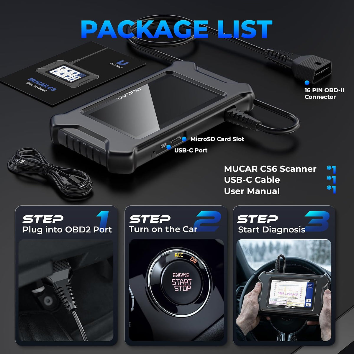 MUCAR CS6 OBD2 Scanner Diagnostic Tool, Engine Transmission BCM Car Scanner, ABS Code Reader, SRS TPMS Scan Tool, 7 Reset Service, Oil/EPB/SAS/TPMS/DPF/Throttle/ABS Bleed, Auto VIN, Free Update