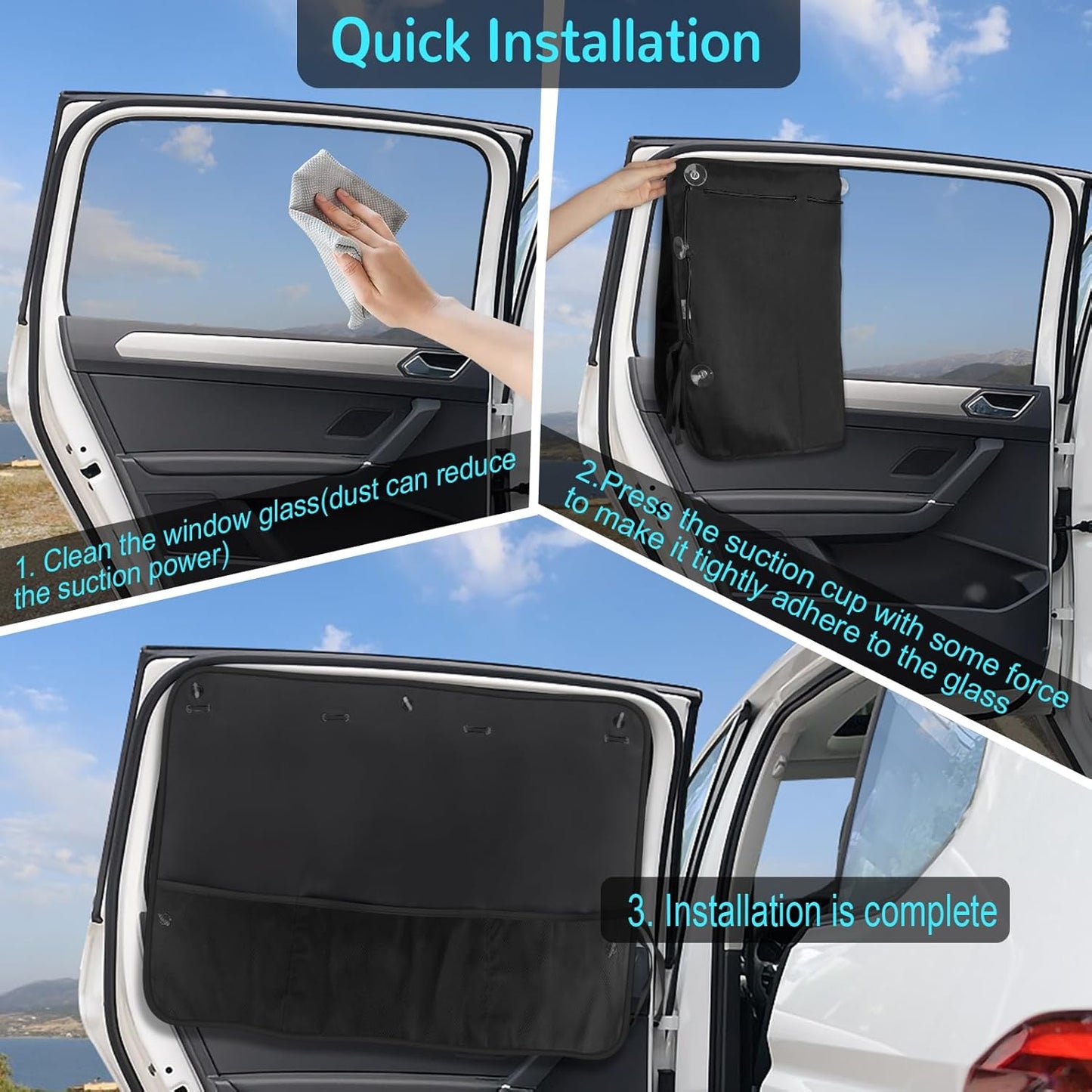 Car Sun Shade Side Window, 2 Pcs Blackout Car Window Shade for Baby Privacy with Storage Net Pockets Auto Curtains 7 Suction Cups for Heat/UV Protection Sun Block Covers