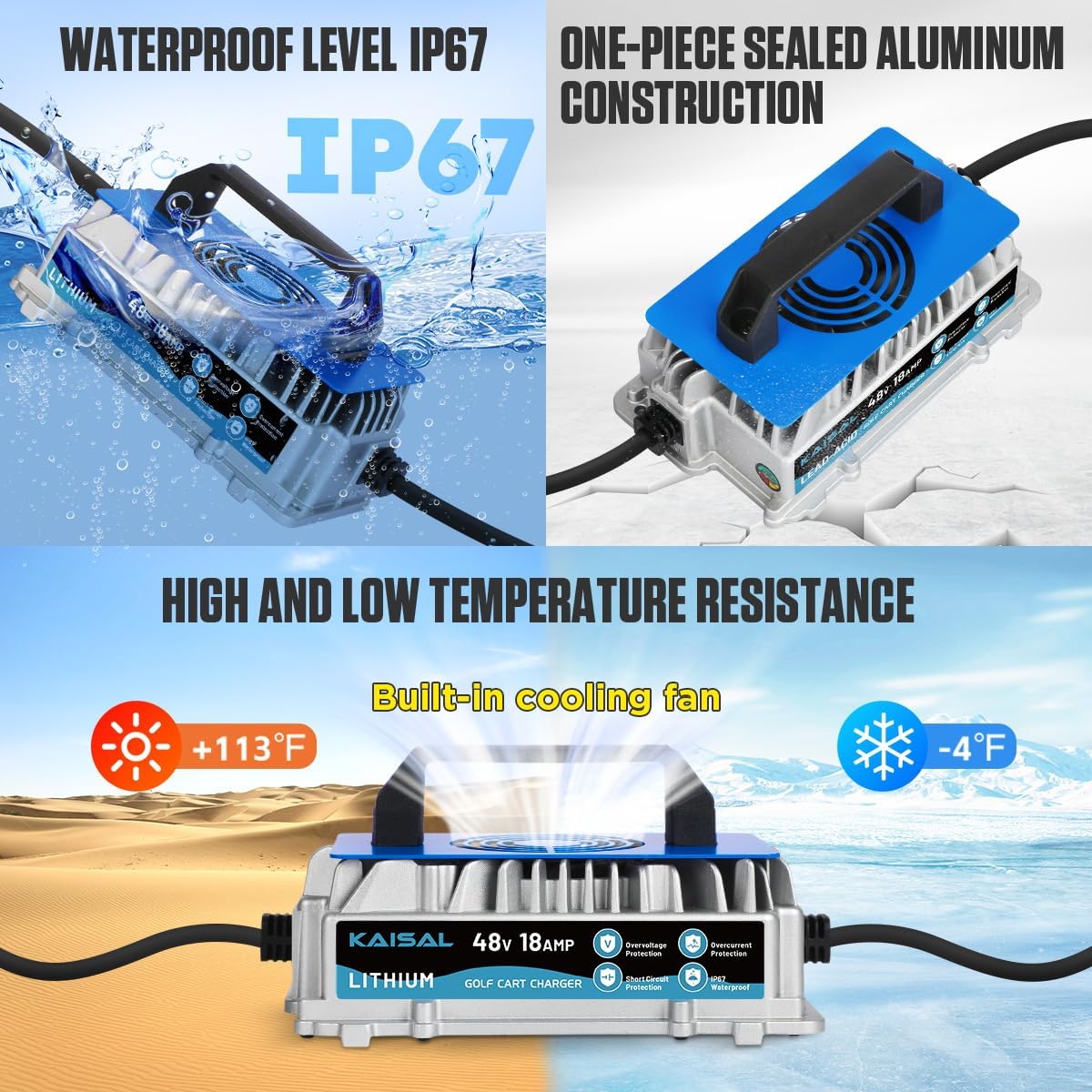 Lithium Battery Charger 48 Volt/58.4V 18A for 48V (51.2V) LiFePO4 Battery 1250W Lifepo4 Battery Charger 48 Volt, IP67 Waterproof, for Golf Cart, Forklift, Electric Outboard, Boat, Solar, RV, Off-Grid