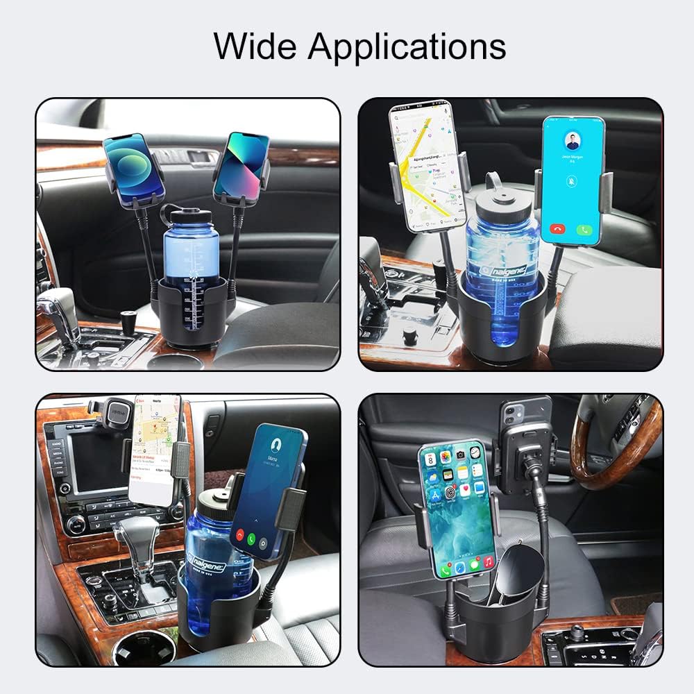JINKEY Dual Cup Holder Phone Mount for Car，2-in-1 Adjustable Gooseneck Cradle with 360° Rotation Heavy Duty Universal Automobile Stand for Most 4"-6.7" i-Phone Mobile-Phone Holder