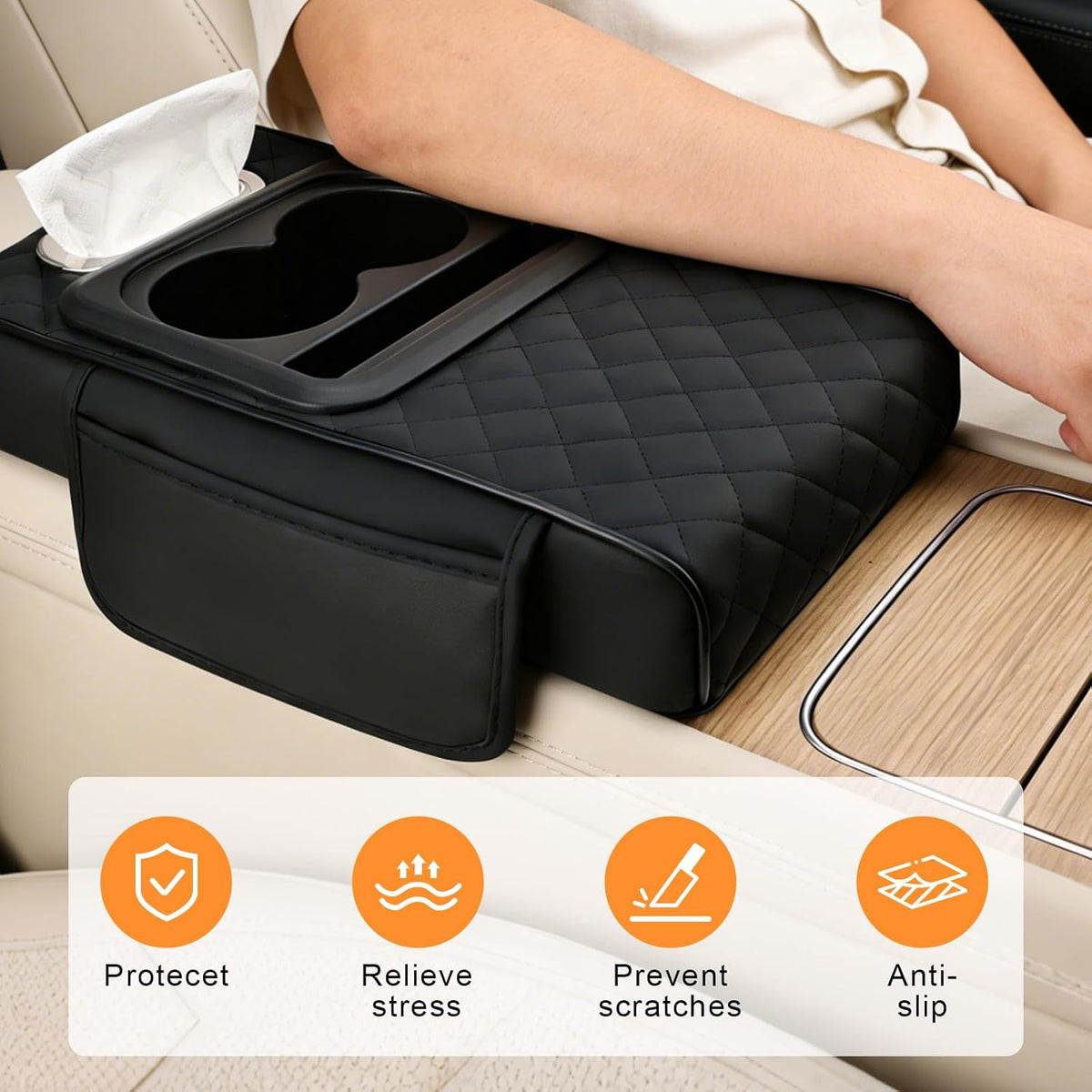 Car Armrest Cushion,Multifunctional Leather Console Cover with Cup Holders,Center Console Armrest with Tissue Box Slot & Phone Storage,Car Interior Accessories,Black