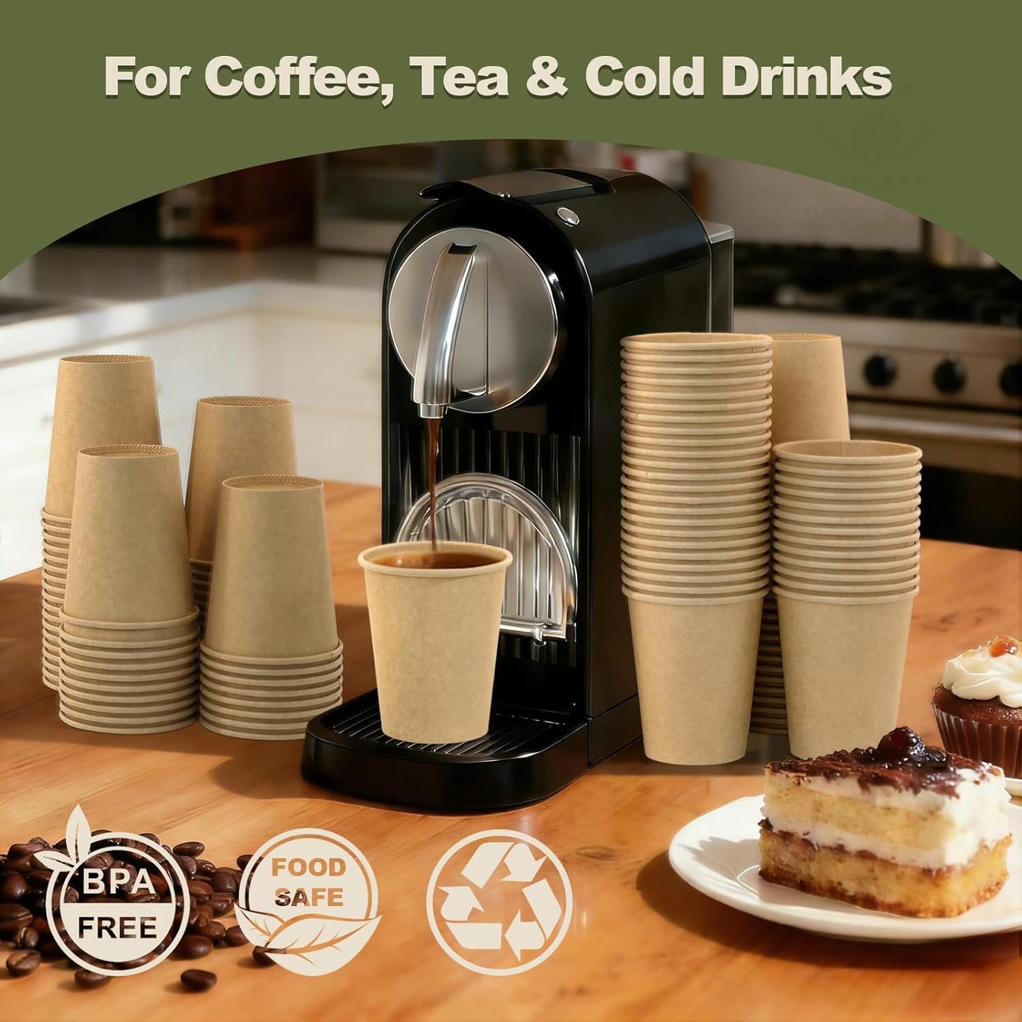 8 oz 200 Pack Disposable Coffee Cups, Bulk Brown Disposable Paper Cups, Coffee Cups for Hot Tea, Chocolate and Cold Drinks