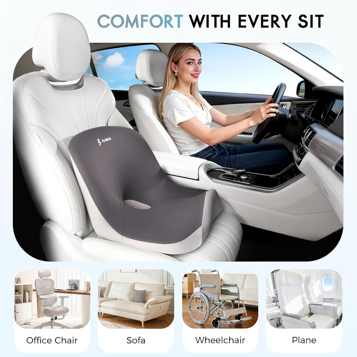 Car Seat Cushion and Lumbar Support Pillow, Larger Memory Foam Seat Cushion, Ergonomic L-Shaped Design Cushion for Back Pain Relief, Non-Slip Driving Cushion for Car, Office, Truck, Wheelchair-Black