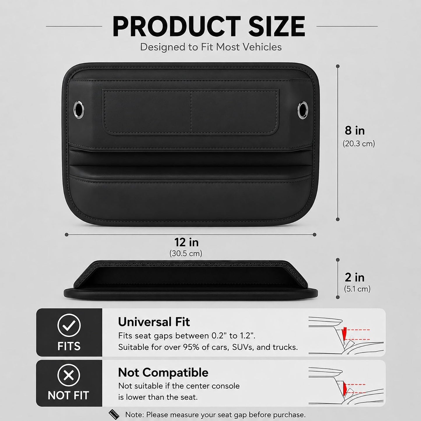 Car Gap Seat Filler, 2 Pack Seat Gap Filler Organizer with Storage Pocket, PU Leather Front Seat Organizer for Phone, Keys, Wallet, Cards and Sunglasses, Universal Fit for Cars SUVs Trucks