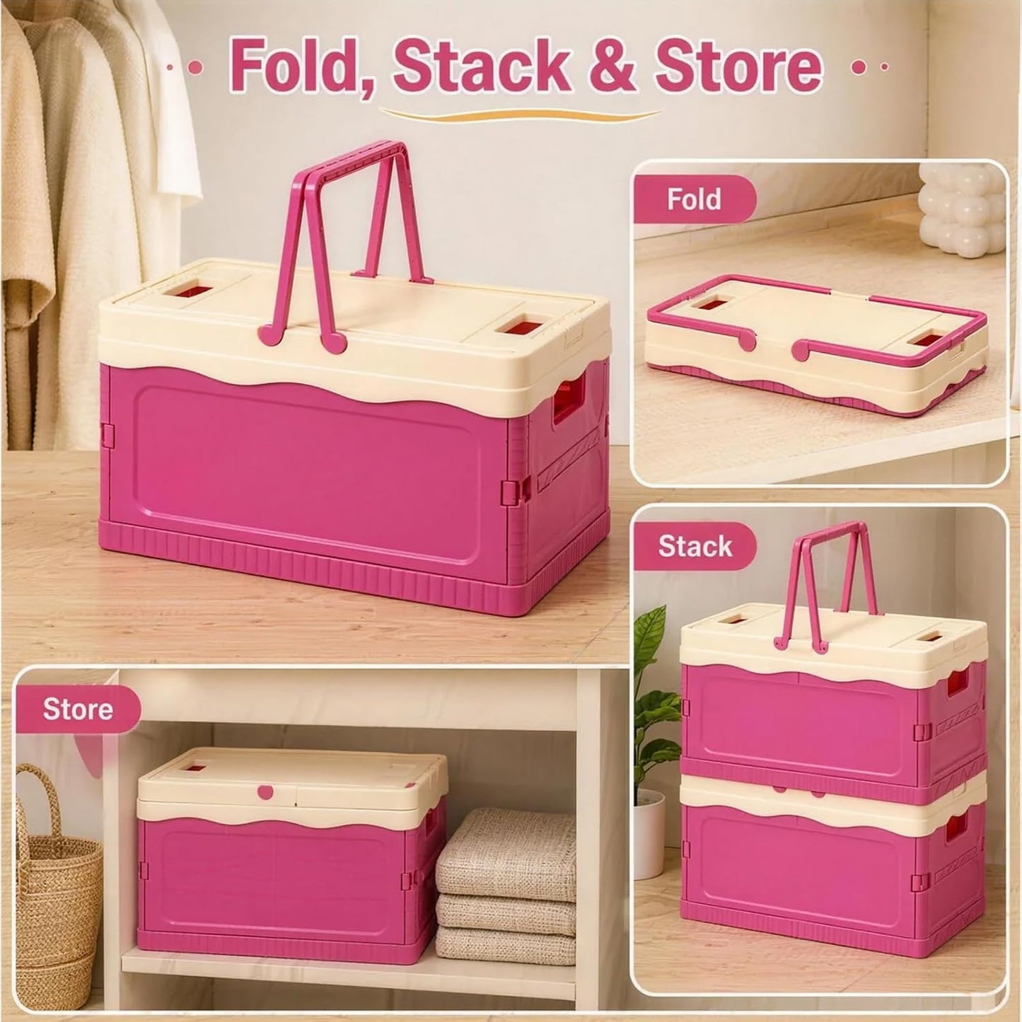 Pink Storage Bins with Lids, Foldable Storage Basket, Collapsible Plastic Organizer Bin with Handle, Portable Stackable Container for Home, Kitchen, Bedroom, Office, Car, Picnic