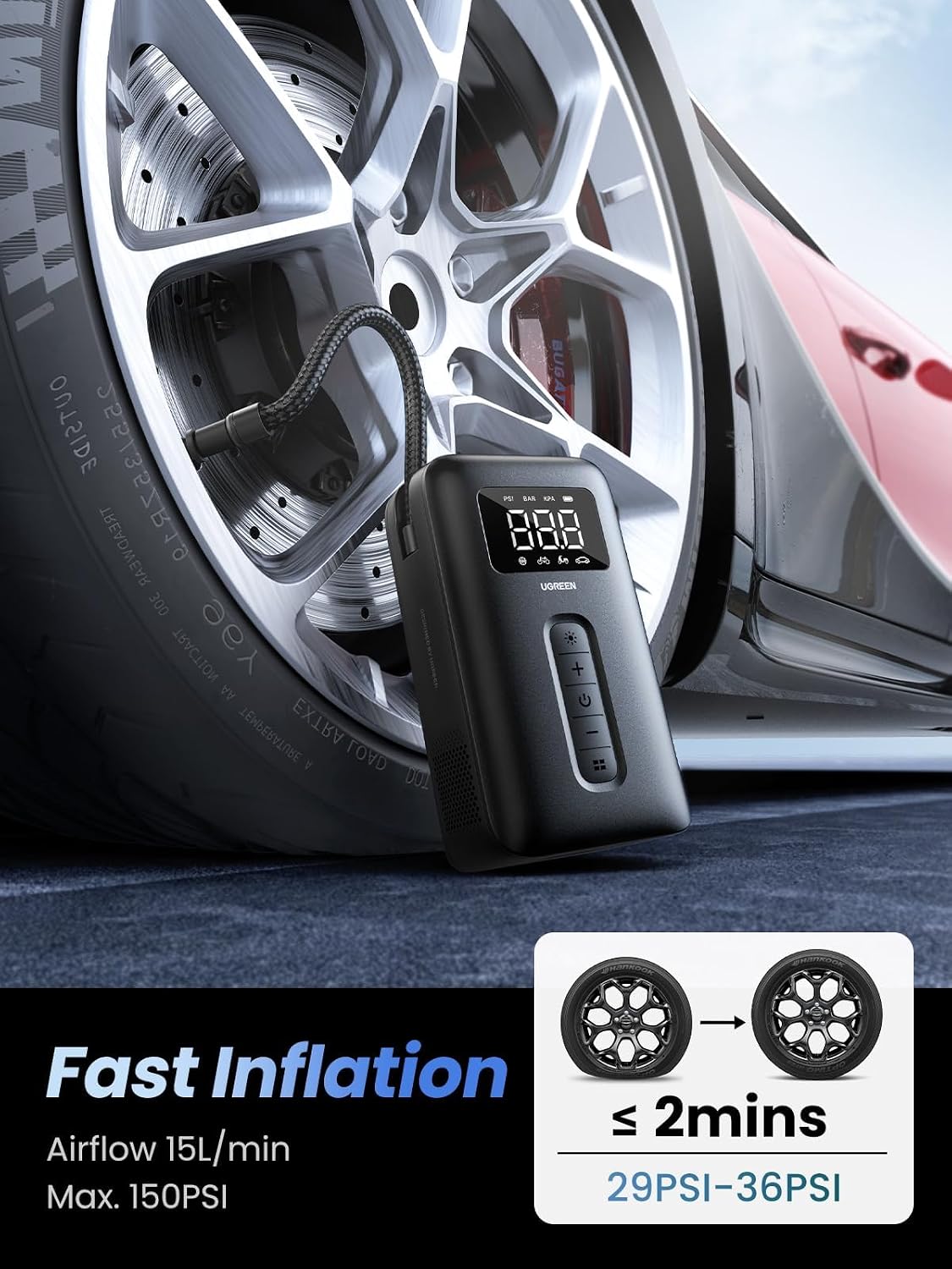 UGREEN Tire Inflator Portable Air Compressor 150PSI Air Pump with Battery LED Light Cordless Tire pump for Cars Bikes Motorcycle Balls