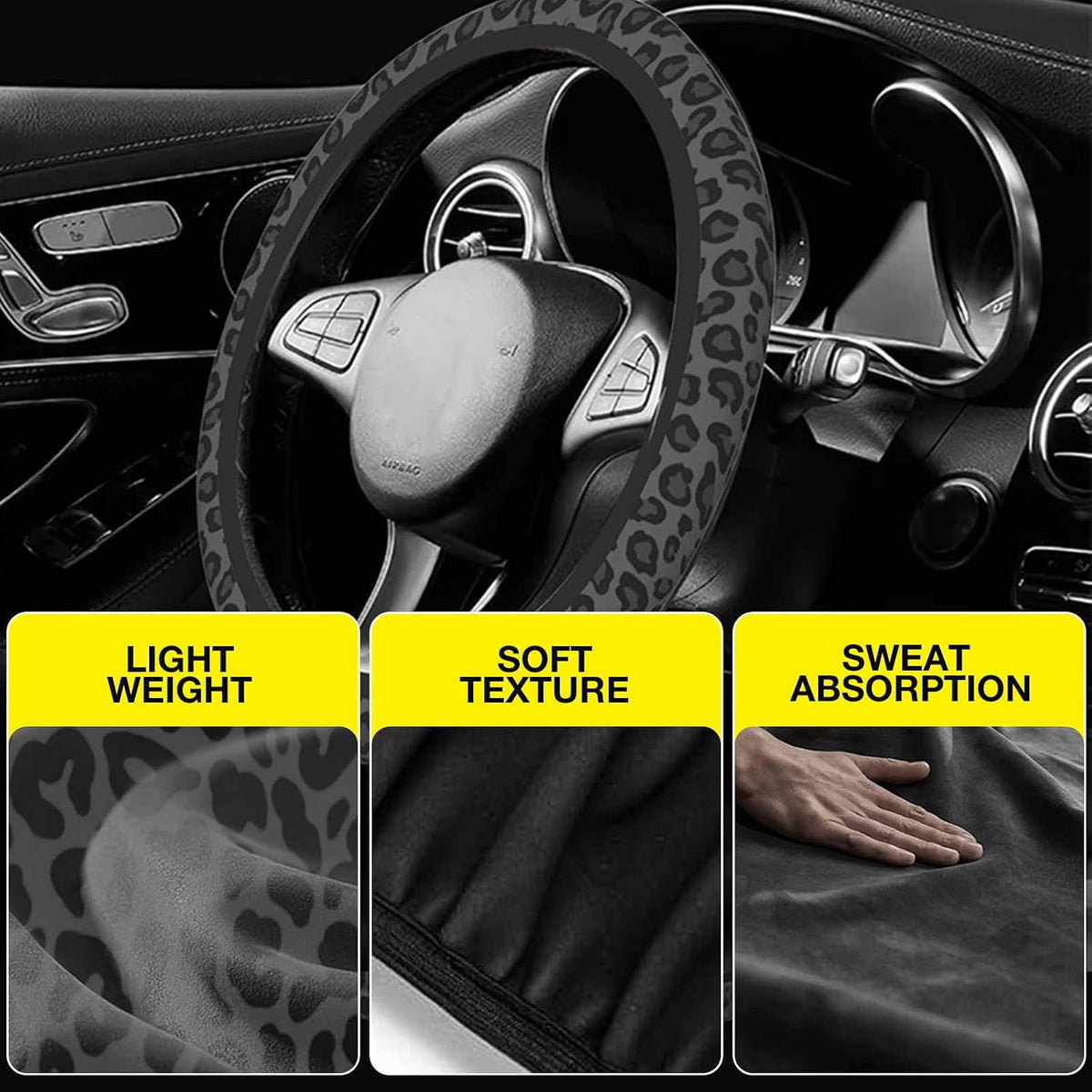 Black Leopard Print Cheetah Steering Wheel Cover for Women, Anti-Slip Breathable High Elastic Neoprene Car Steering Wheel Cover, Universal 15 Inch for Cars, SUVS, Includes 2 Ceramic Cup Coasters