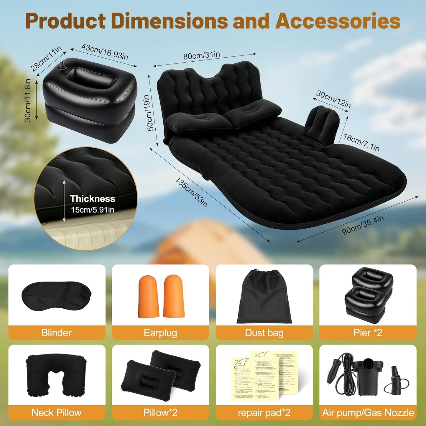 Onirii Inflatable Car SUV Air Mattress Back Seat Bed | Portable Thickened Car Travel Camping Sleeping Air Mattress Blow Up Bed with Air Pump for Car Universal SUV