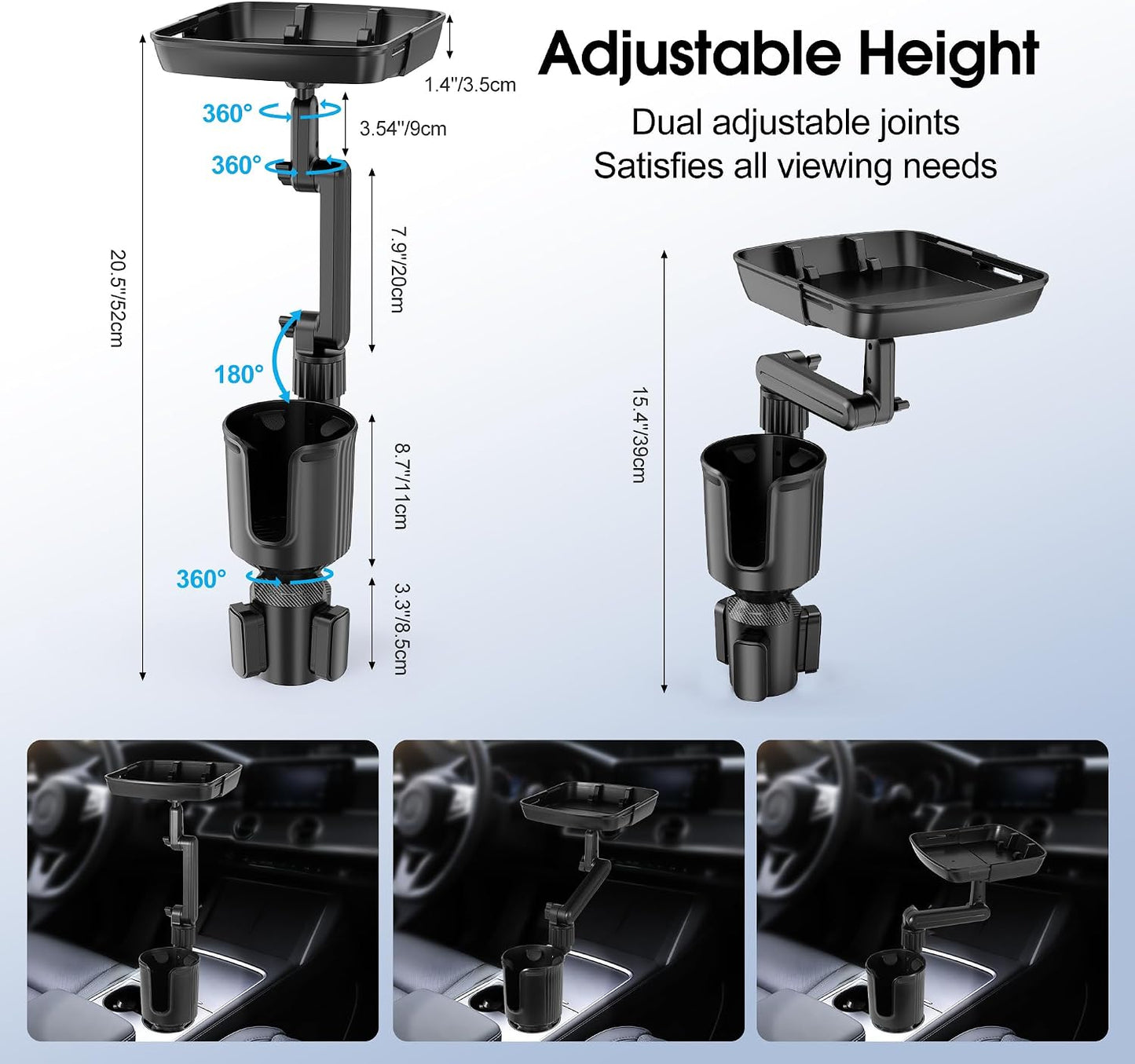 Car Cup Holder Tray, Cup Holder Expander 20.5" Height Adjustable Arm Car Food Tray Table for Eating with Phone Holder Road Trip Essential fit Most Bottles