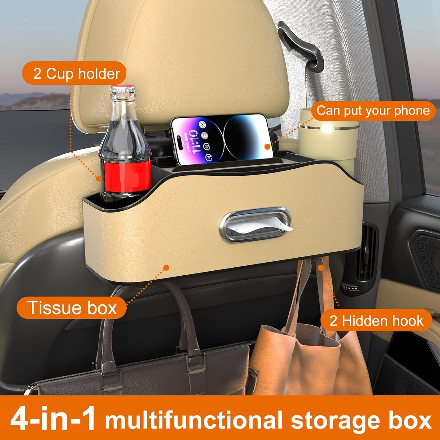 Back Seat Cup Holder for Car – Multifunctional Rear Seat Organizer with Drink Holders, Tissue Box Storage & Hooks, Fits Headrest for Auto, Family Travel Accessories. (Beige)