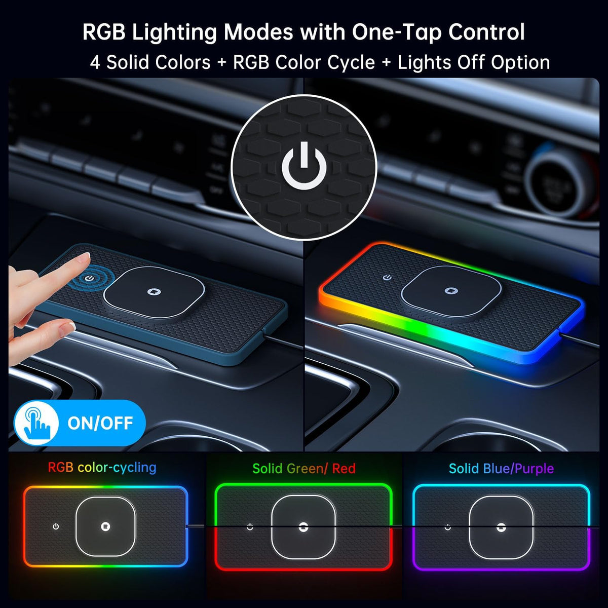 RGB Wireless Car Charging Pad for Magsafe, REESTECQI 15W LED Magnetic Wireless Charger for Car Non Slip Type C Charging Mat with 40W Car Charger Compatible with iPhone Duo, 18-12, Airpods (30CM)