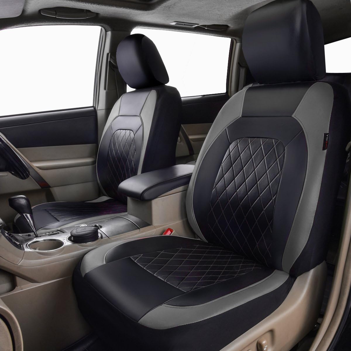 Deluxe Pu Luxury Leather Two Front Car Seat Covers, Waterproof Faux Leather Automotive Seat Covers 6 Pieces Airbag Compatible Universal Fit for Most Sedans SUVs Vans (Black and Grey)