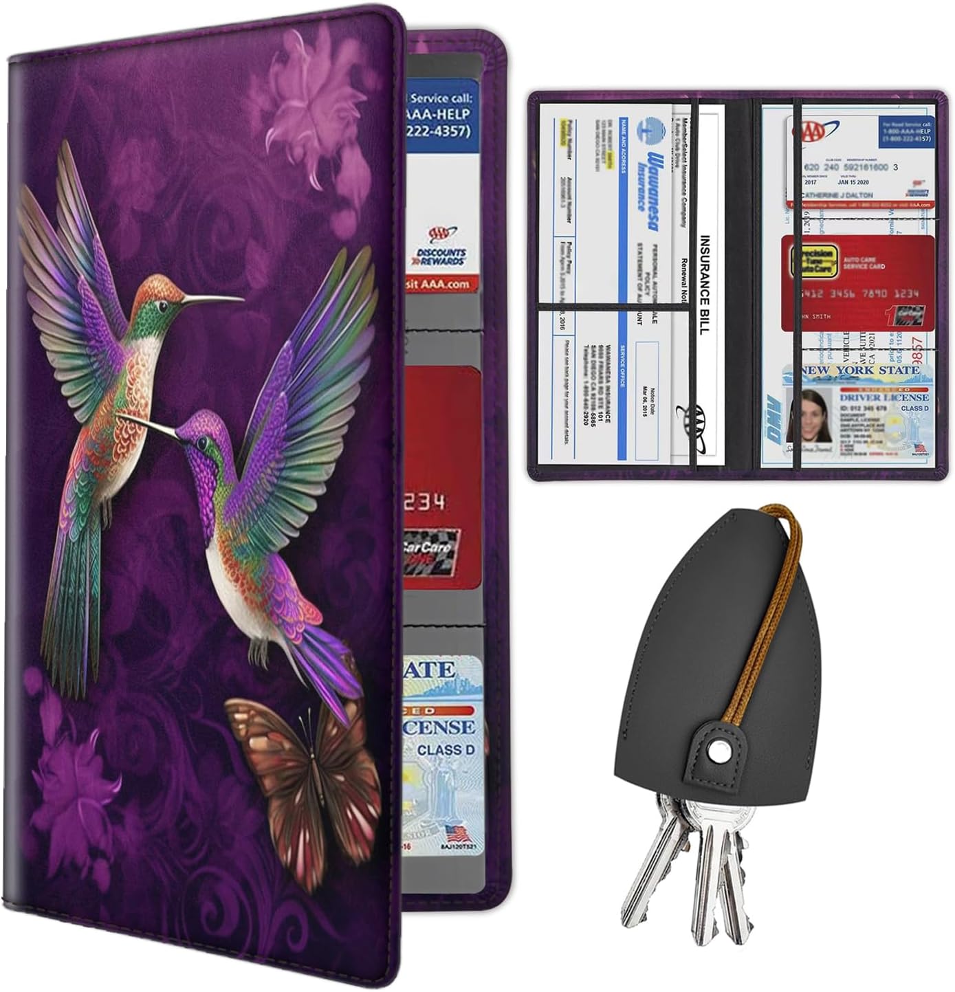 Car Document Holder with Magnetic Shut, PU Leather Car Registration & Insurance Card Holder for Driver License, Cards & Essential Documents, Vehicle Glove Box Organizer, Purple Heart Balloon Pattern