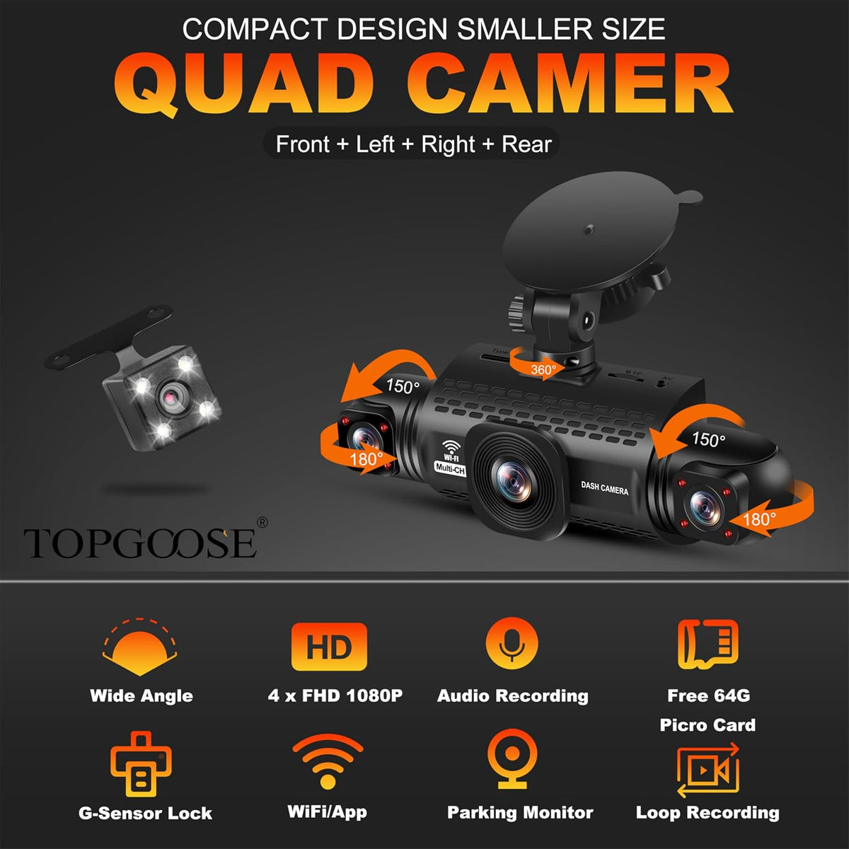 4 Channel Dash Cam 360° View,TOPGOOSE 2K Front and Rear Inside, Left Right Dash Camera for Cars,8 IR Lamps Night Vision,5G WiFi & APP Control,G-Sensor,Parking Mode,with a Free 64GB SD (3.18 inches)