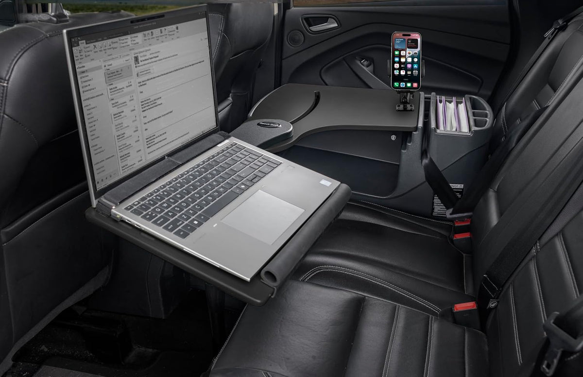 AutoExec Reach Desk Back Seat Car Desk for Your Vehicle Workstation and Mobile Office, Black, with 400 watt Power Inverter and Phone Mount