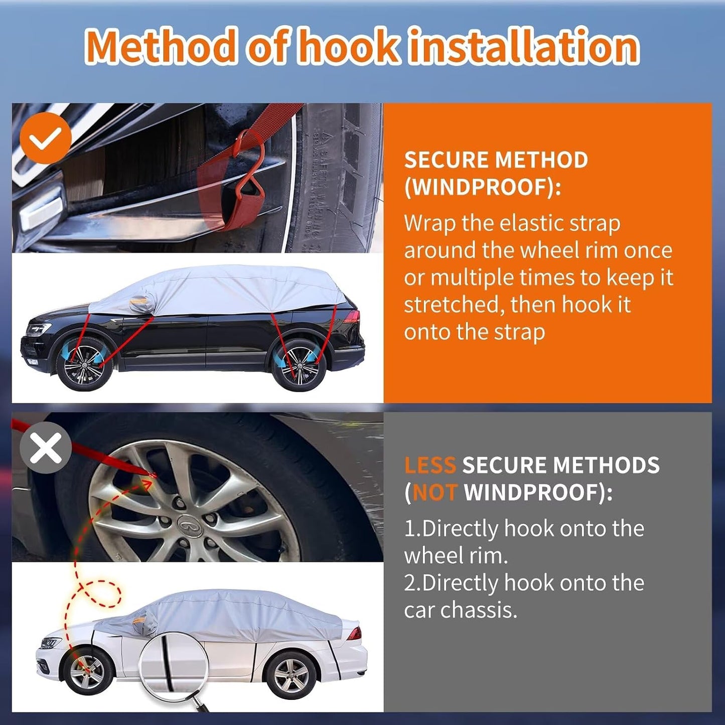 Half Car Cover Top, Windshield & Sunroof Cover for Ice and Snow with Cotton Liner, Car Cover Waterproof All Weather for Snow, Sun, Rain, Dust, UV Protection Fit Sedan Universal