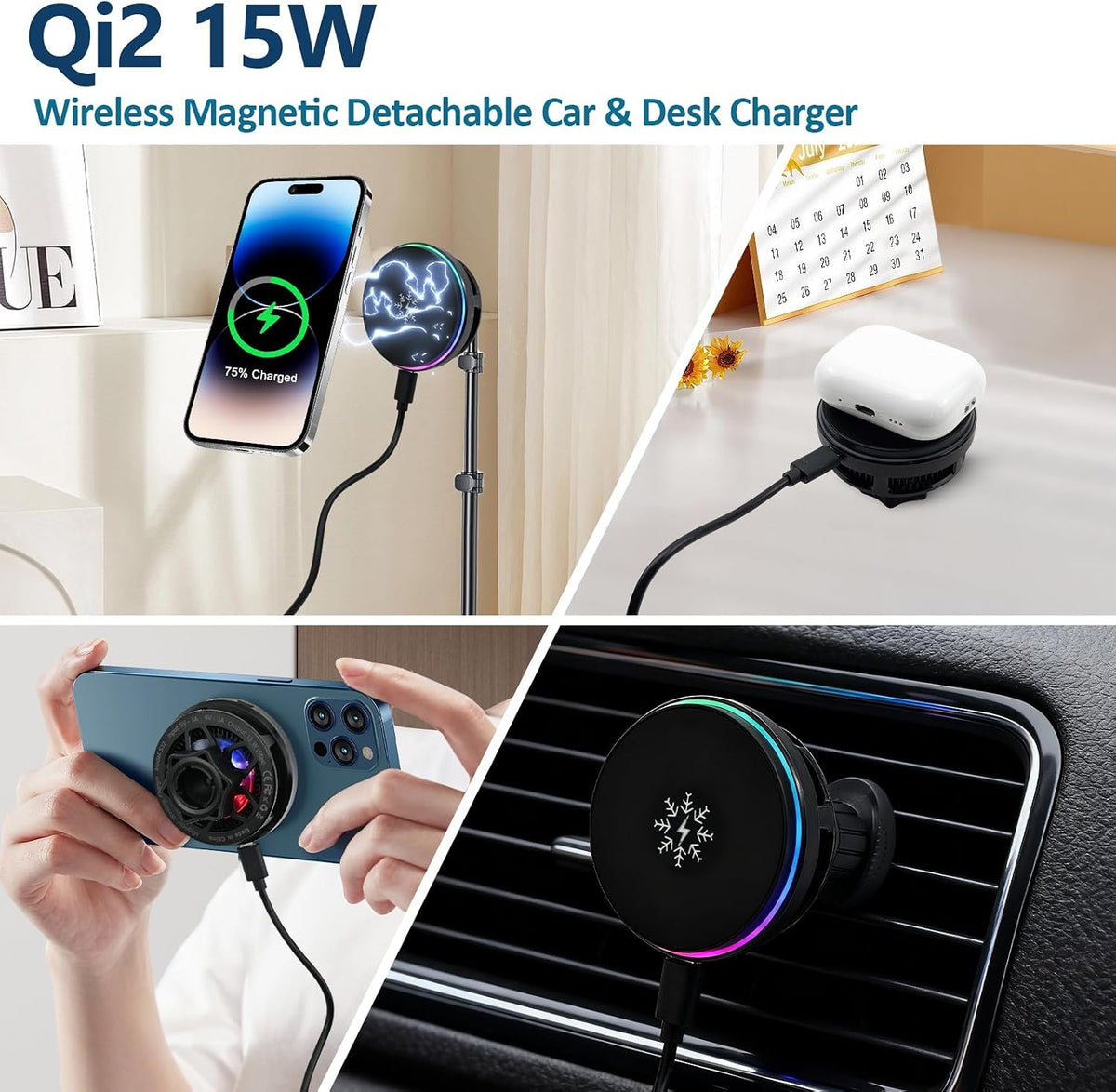 Magnetic Wireless Car Charger Mount, 15W Fast Charging Phone Holder with TEC Cooling & RGB, FOD Safe, Hands‑Free Air Vent Mount for iPhone 12‑17 pro max/Samsung/Android
