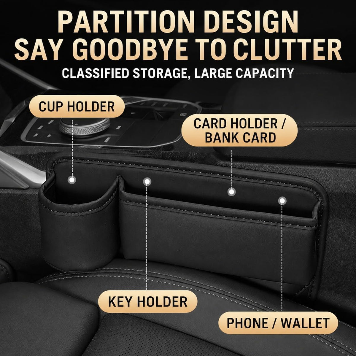 2 Pack Leather Car Seat Gap Organizer Filler with Cup Holder | PVC Leather Seat Gap Filler, Universal Front Seat Storage Box for Cell Phones, Wallets, Keys, Cards, Interior Accessories