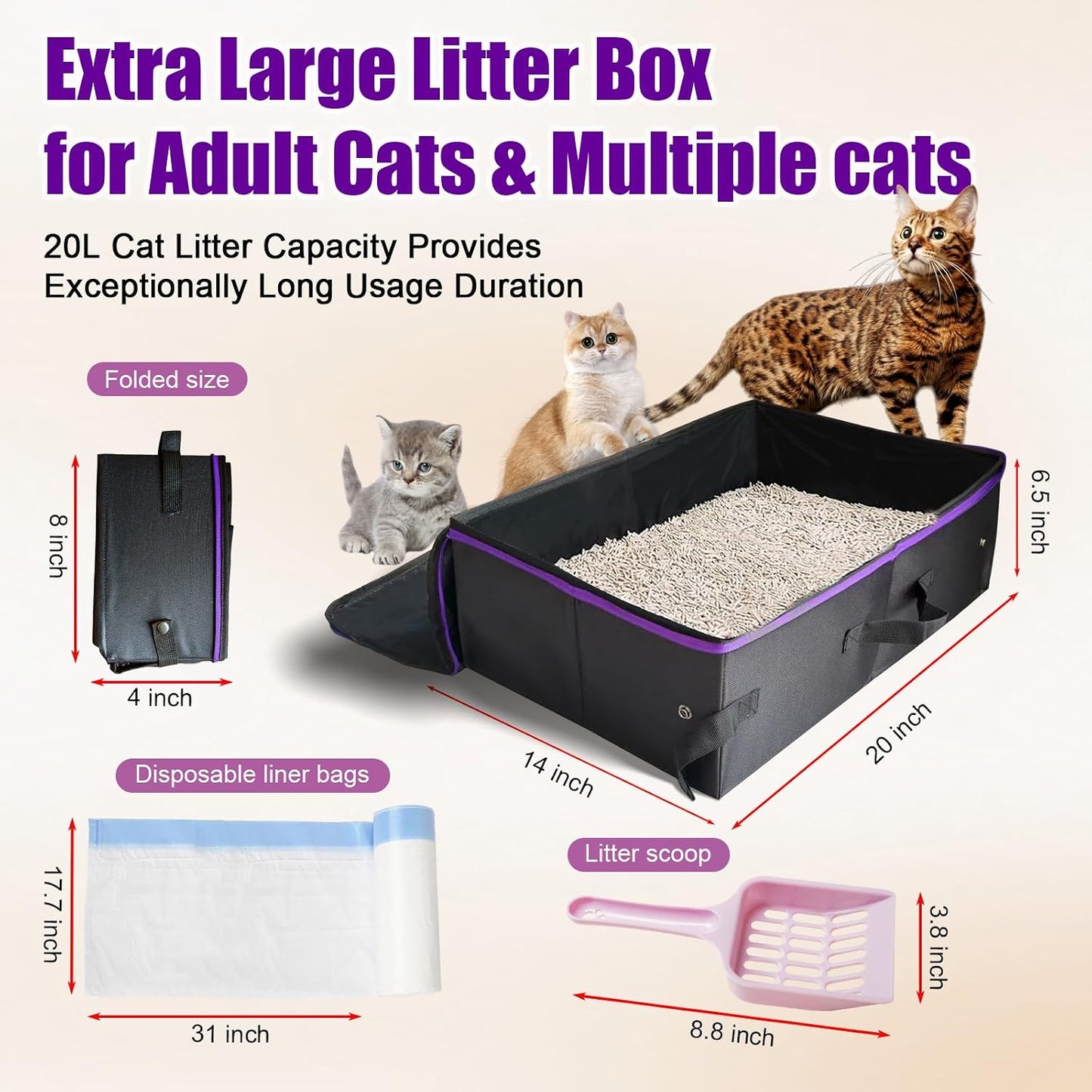 20x14x6.5 Inches, Large Portable Cat Travel Litter Box with Zipped Lid & 10 Liners, Leak-Proof, Lightweight, Sturdy & Waterproof and Foldable Travel Cat Litter Box for Hotels, Car, & Camping