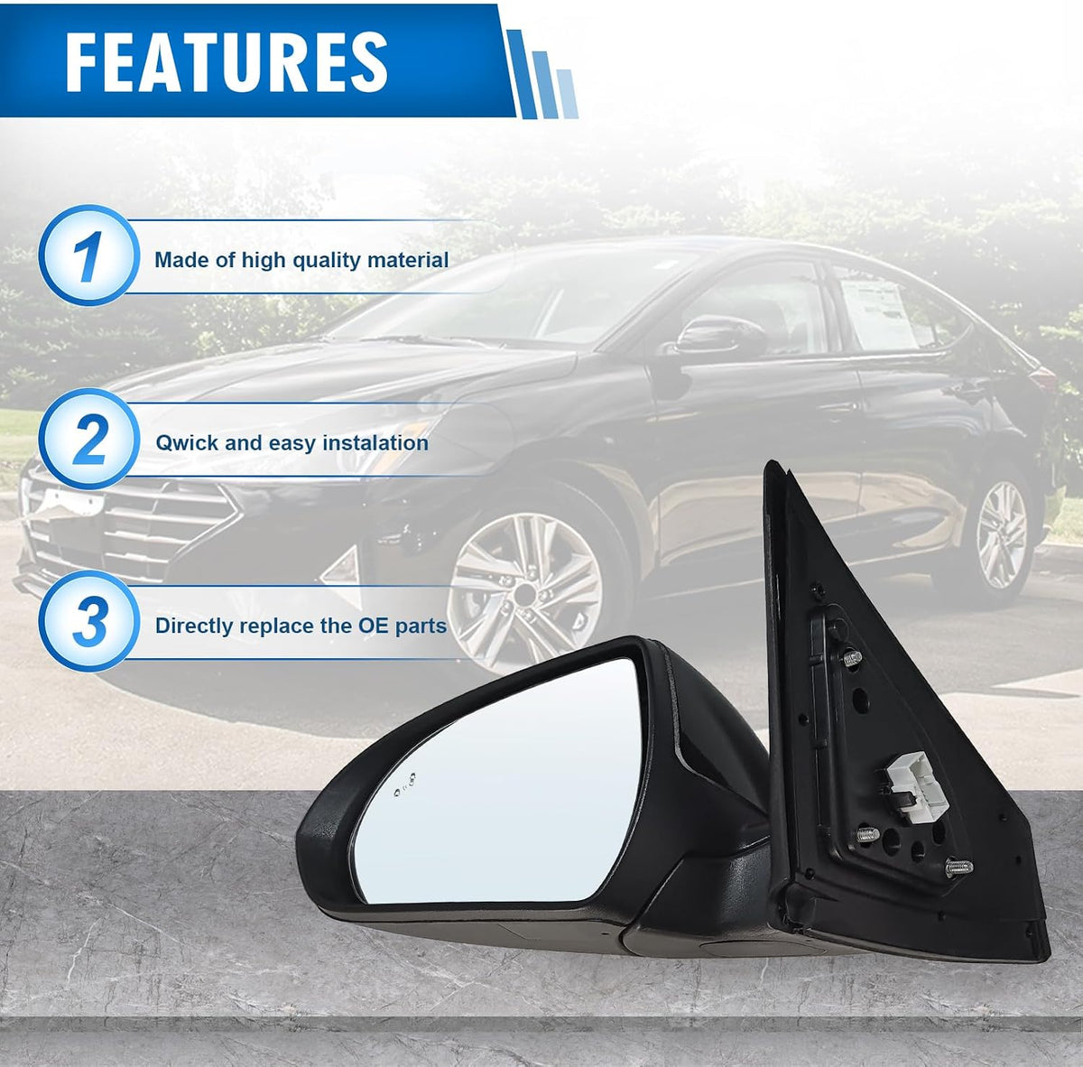 Left Driver Side Mirror Assembly Fits 2017 2018 2019 2020 Hyundai Elantra with Power Glass Heated Blind Spot Detection and Manual Folding Match to Black Replace HY1320226 (7Pins)