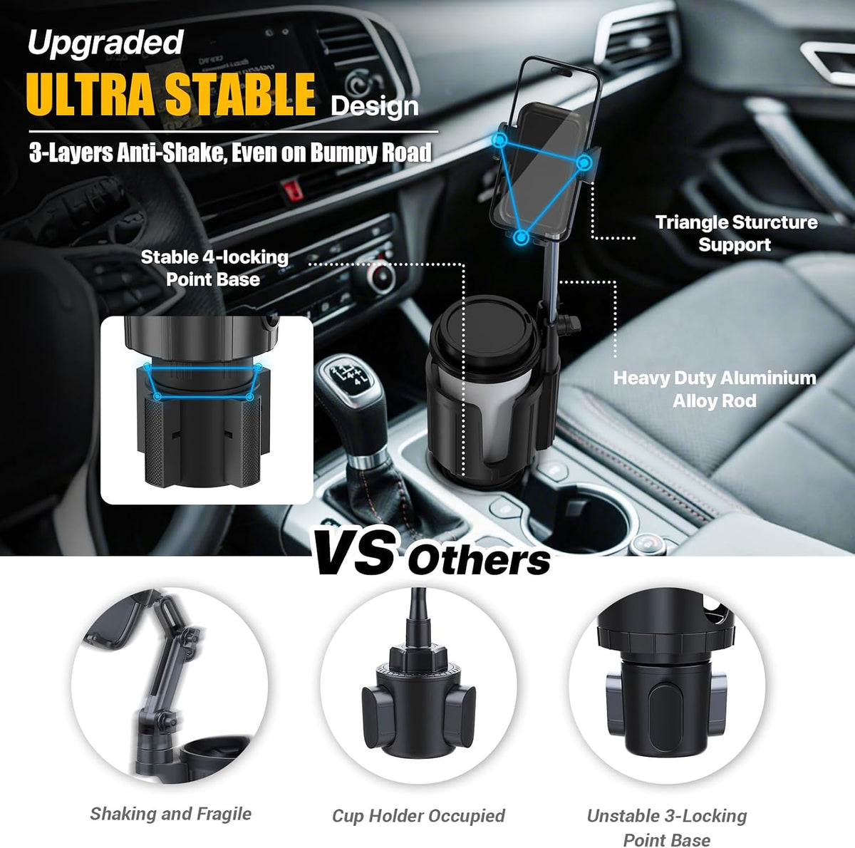 2-in-1 Cup Holder Phone Mount for Car - Upgraded Anti Shake