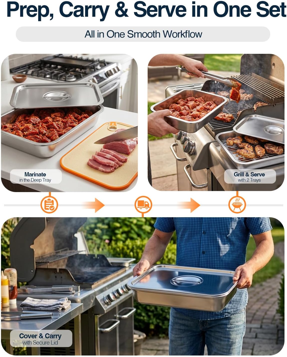 5 in 1 Grill Prep Tray and Carry System, Large Grilling Prep and Serve Trays with Lid and Cutting Board, Deep Meat Marinating Container as BBQ Grilling Gift, Home Series, XL