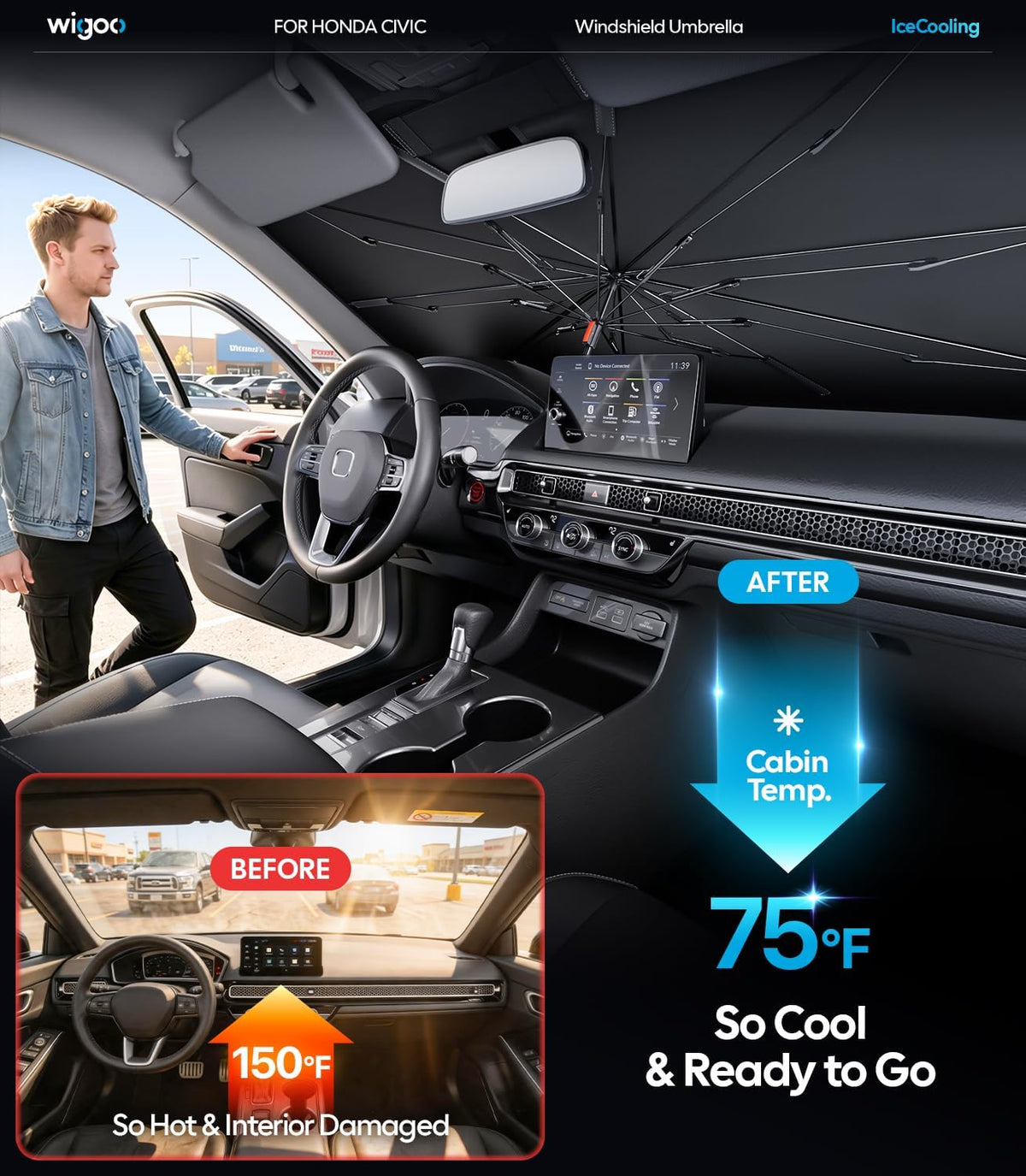 Wigoo Windshield Sun Shade Umbrella for Honda Civic 2016-2026