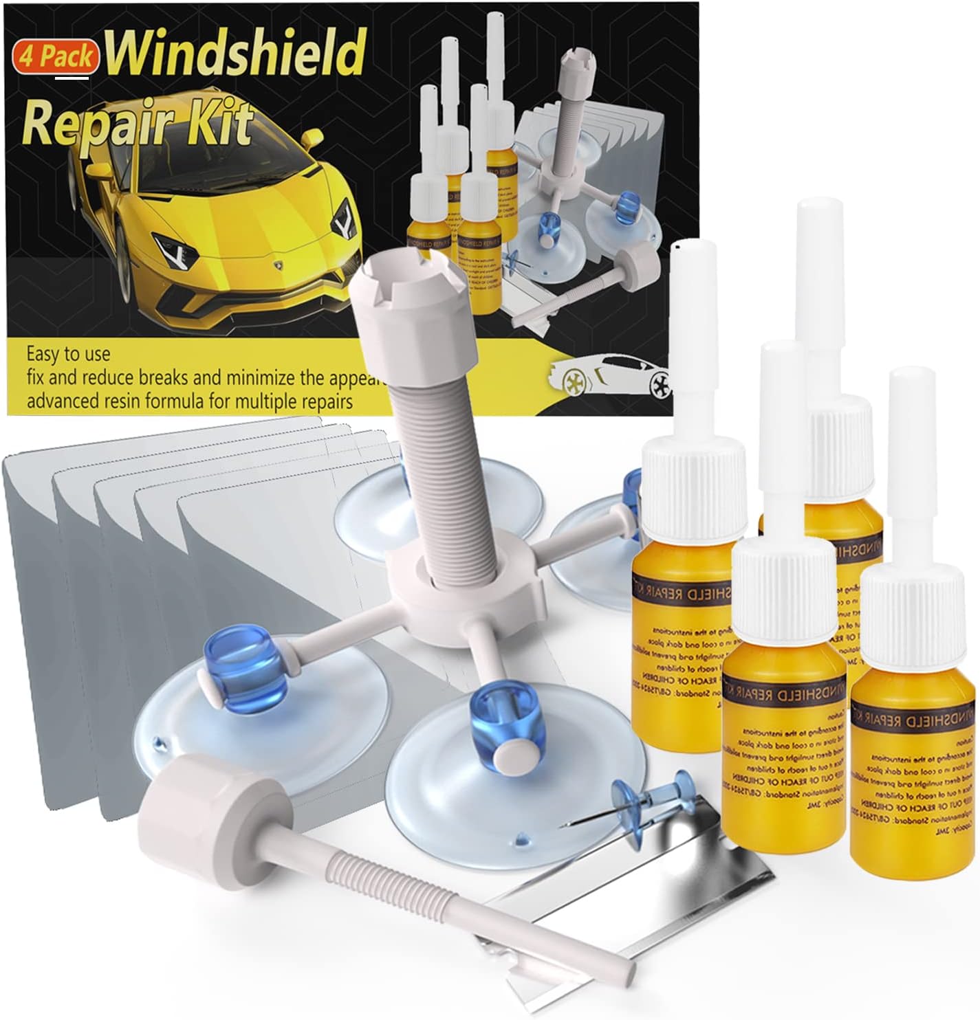 CLAMPER Windshield Crack Repair Kit, Windshield Repair Kit for Chips and Cracks, 4 Pcs Car Glass Repair Kit, Cracks Gone Glass Repair Kit Automotive Quick Fix for Chips, Cracks, Bullseyes (Yellow)