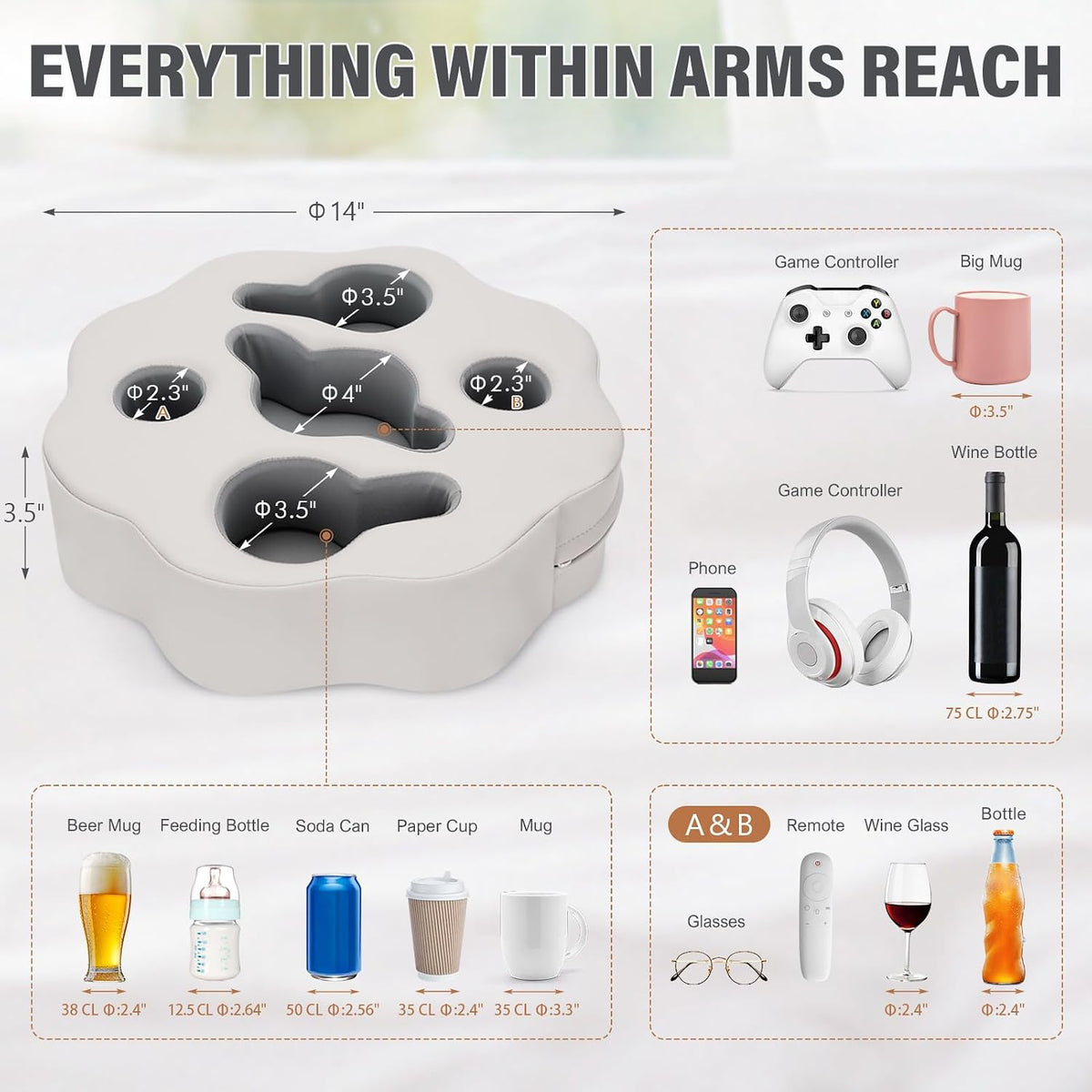 Couch Cup Holder Pillow, PU Grey