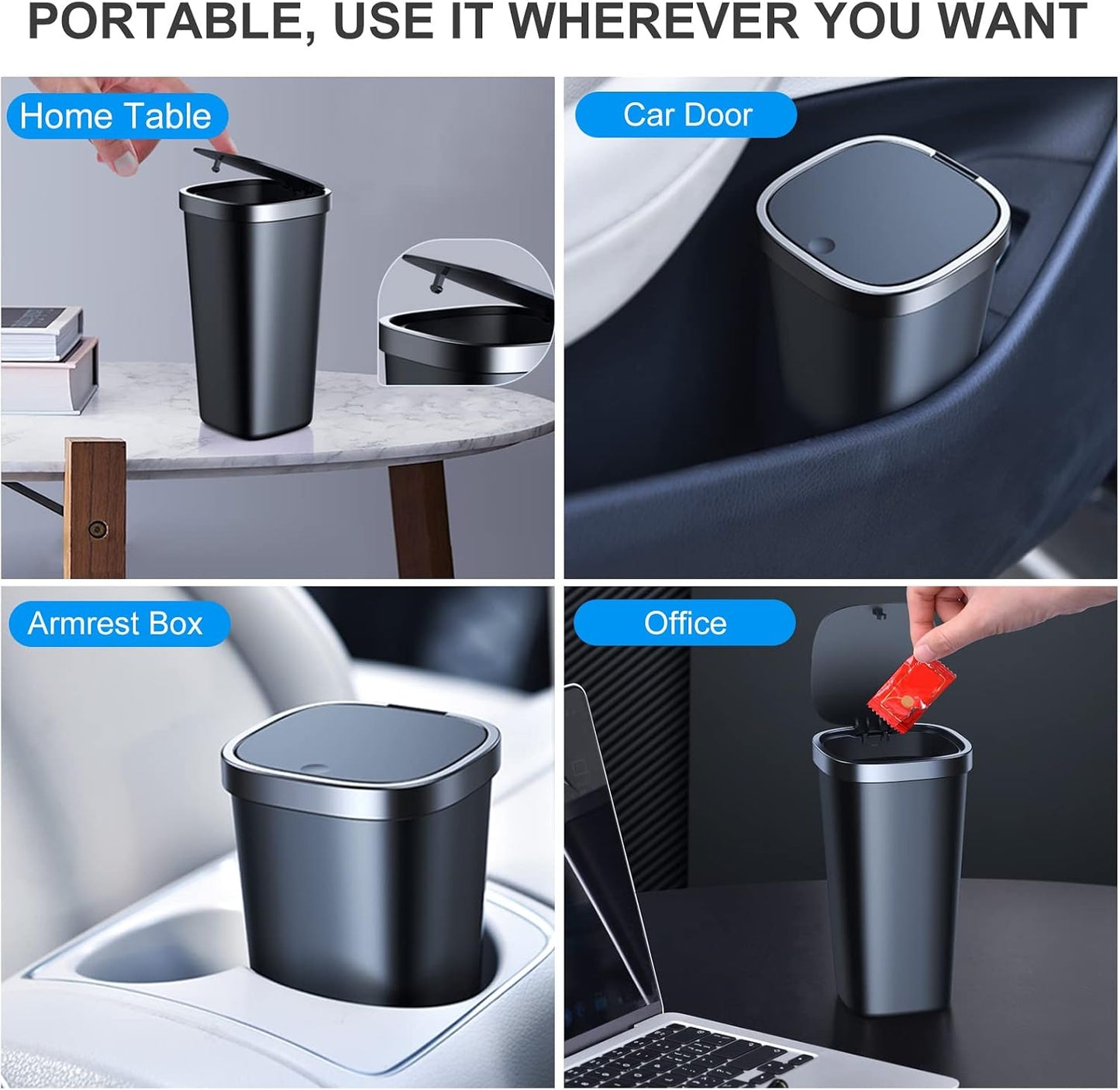 Mini Car Trash Can with Lid, Cup Holder Trash Can for Car with 3 Rolls Mini Trash Bags, Waterproof Small Car Garbage Can for Car Home Office Desk Bedroom -Square Black