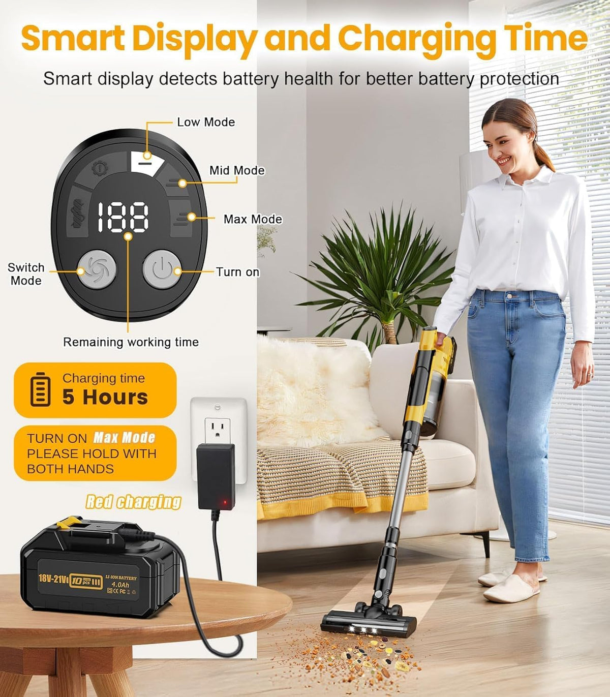 qimedo 8000mAh Cordless Vacuum Cleaner with 2 Batteries, 700W Powerful Suction, 90 Inch Extension Tube & 2L Dust Cup, 7 in 1 Stick Vacuum for Home, Hardwood Floor, Pet Hair, Dorm