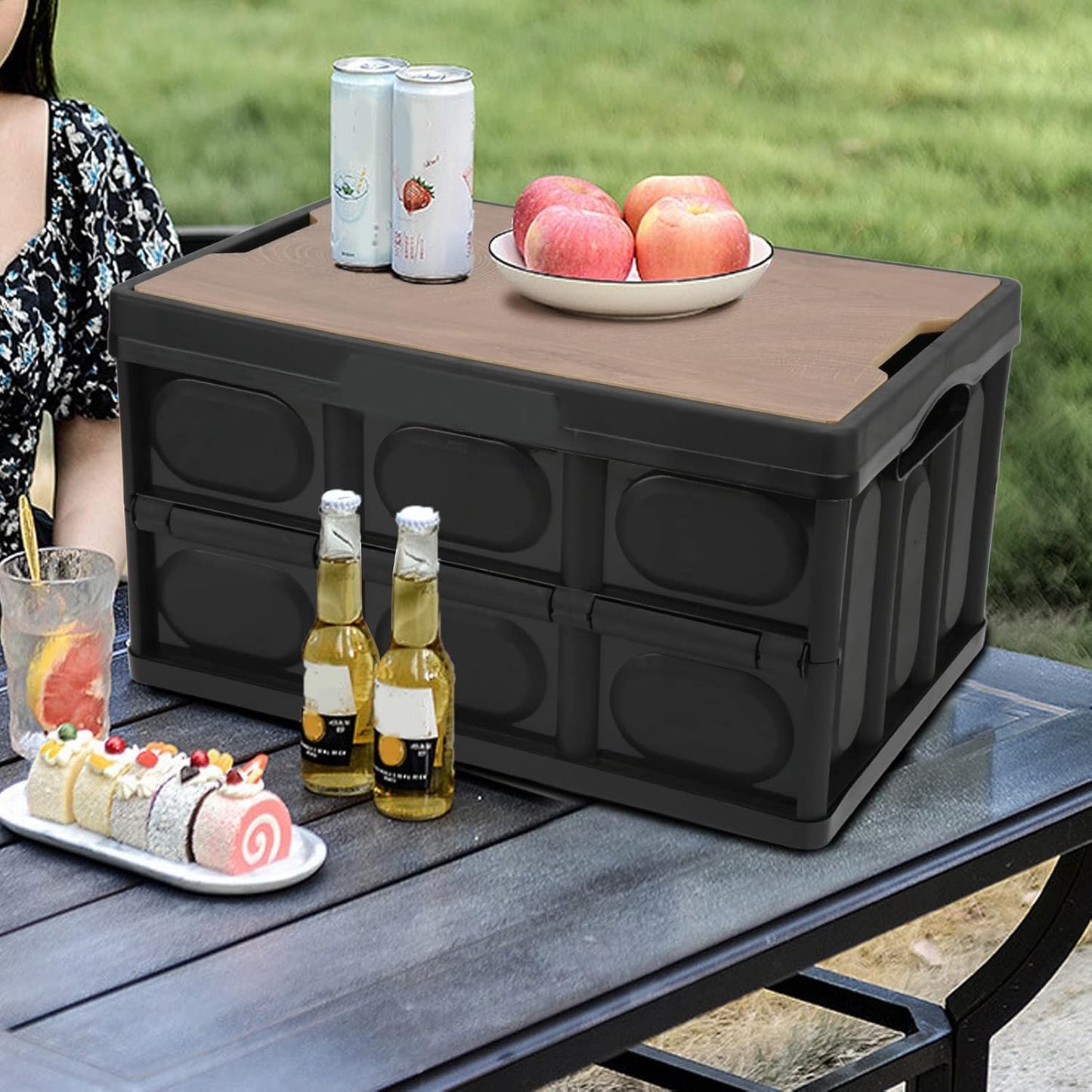 Collapsible Storage Bin with Wooden Lid | 30L/7.9Gal Folding Container | Camping & Car Organization|Home Sorting & Closet Storage|Sturdy Mdf Wood Cover|Stackable Design|16.5x11.2x9.3in(Black)