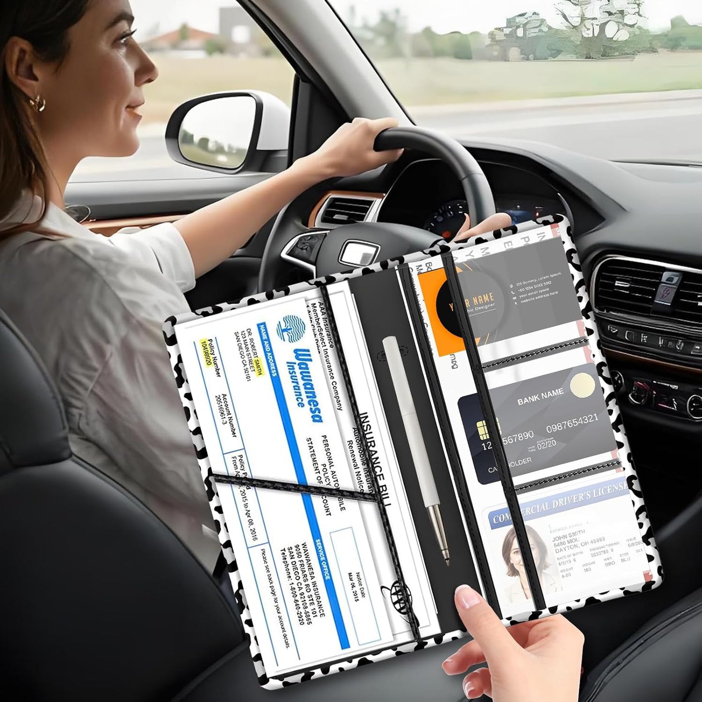 Car Registration and Insurance Holder with Magnetic Shut, Cute Vehicle Glove Box Car Organizer, Premium Interior Car Accessories for Women Men Luxury White Leopard