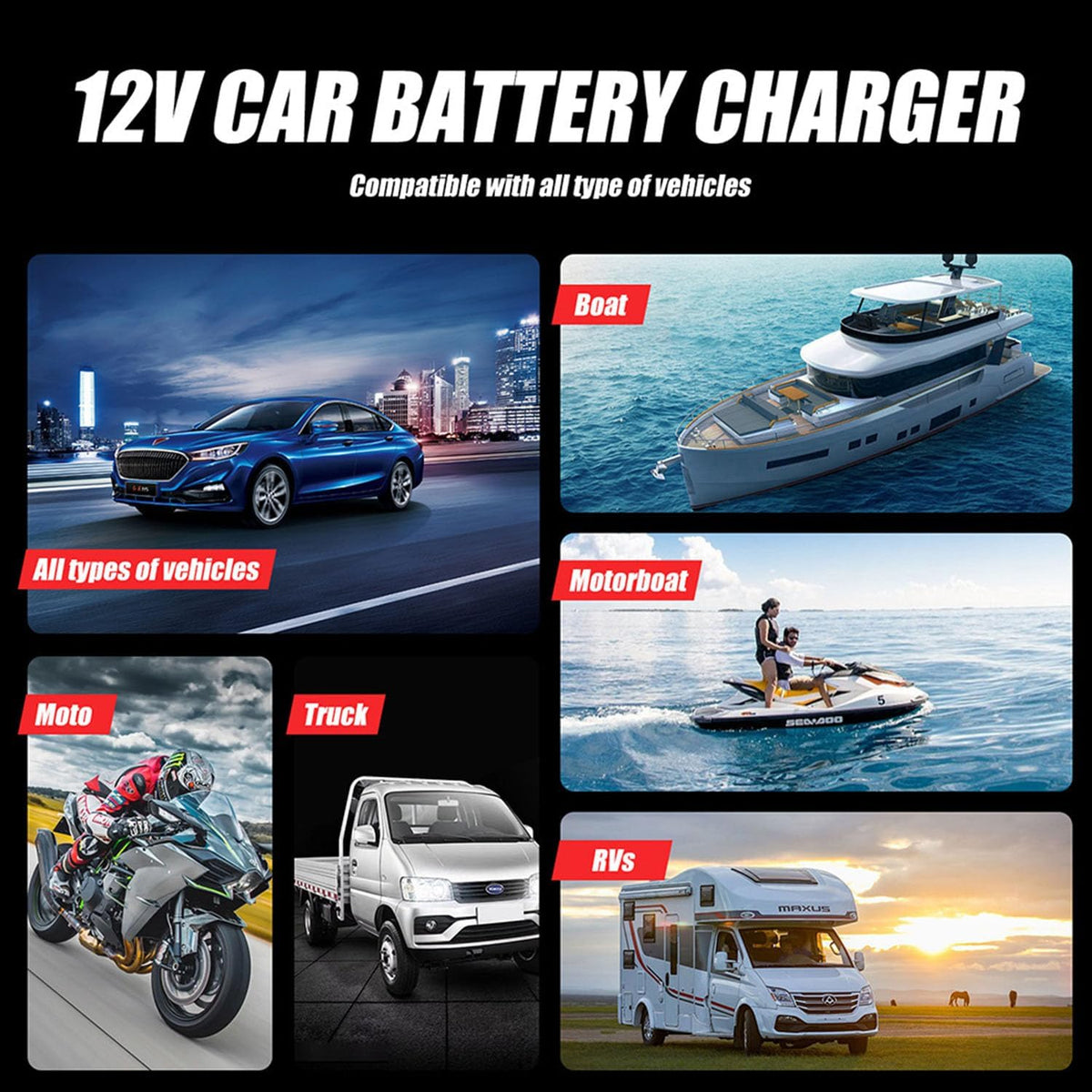 12V 6-Amp Battery Charger, Smart Trickle Charger Maintainer, Battery Repair