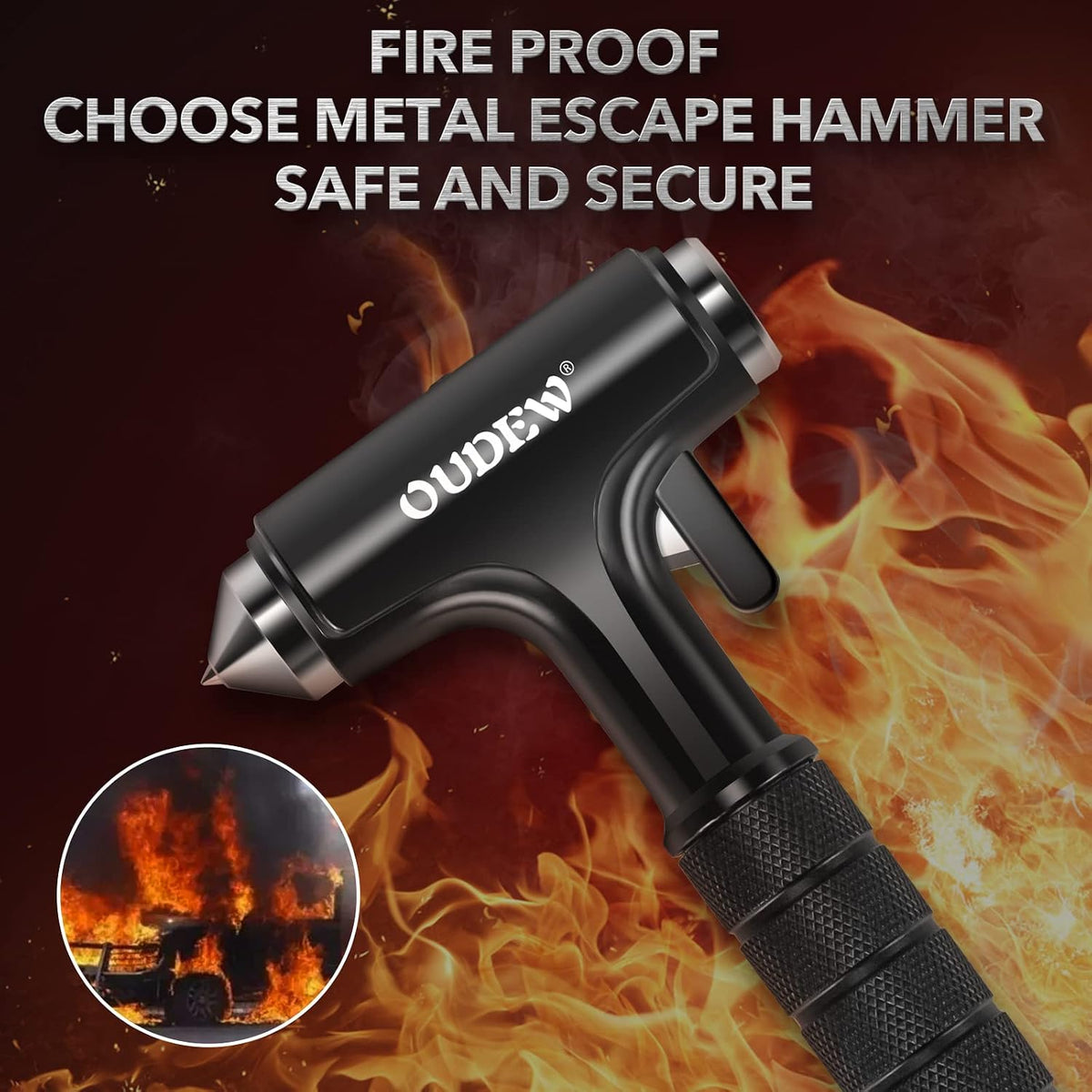 Car safety hammer, Glass Breaker with Lighting Function, Black, 1pcs