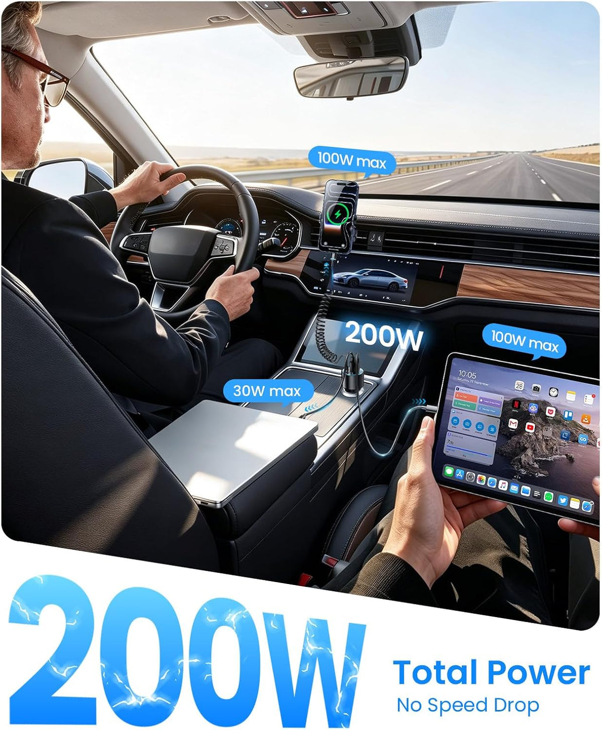 Rocoren 200W Car Charger USB C Fast Charge,PD 100W Type C Car Fast Charger