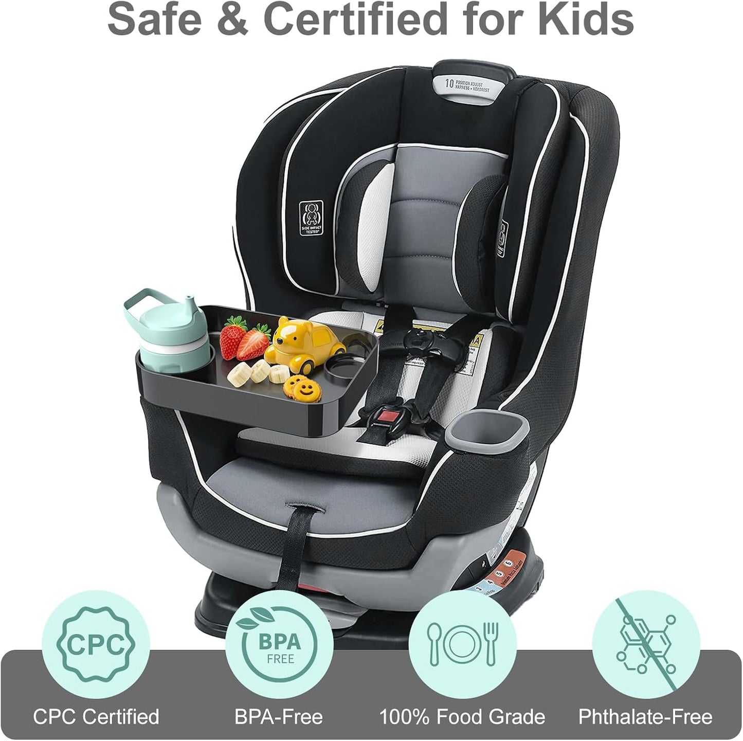 Car Seat Snack Tray for Toddlers - 3 Inch Cup Holder Fits Most Sippy Cups & Straw Bottles with Dip Well, Mess-Free Square Kids Travel Tray Road Trip Essentials, Black