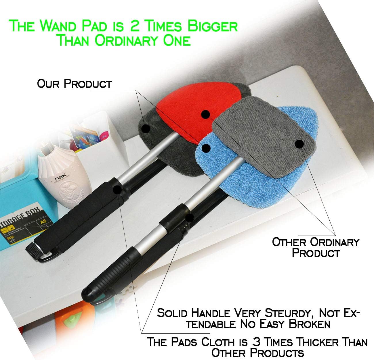Windshield Cleaner Tool Car Window Cleaning Wand Glass Microfiber Brush Bigger Pad Thicker Softy Cloth, with Towel Spray Bottle Cloth Bag Kit TTL 6Pcs