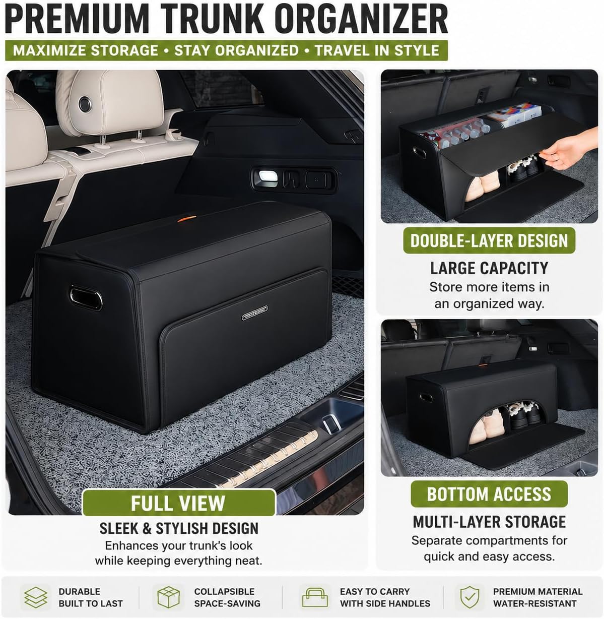 GMQ Double-Layer Car Trunk Organizer with Magnetic Lid for SUV, Truck, MPV