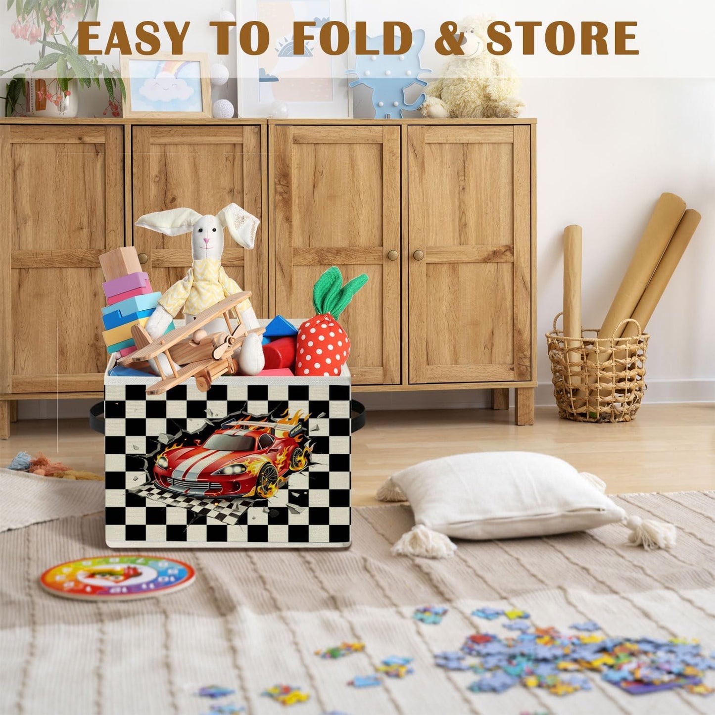 Racing Storage Bins Box,Race Car Room Decor | Ready Set Go Black Checkered Foldable Collapsible Storage Basket Organizer for Kids Nursery Bedroom Toys Playroom