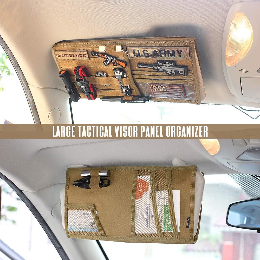 WYNEX Car Sun Visor Organizer with Double-Sided Folding MOLLE Panel, Auto Sun Visor Storage for Essentials & Tactical Gear, Compatible with Cars, Pickup, Trucks, Vans, SUVs