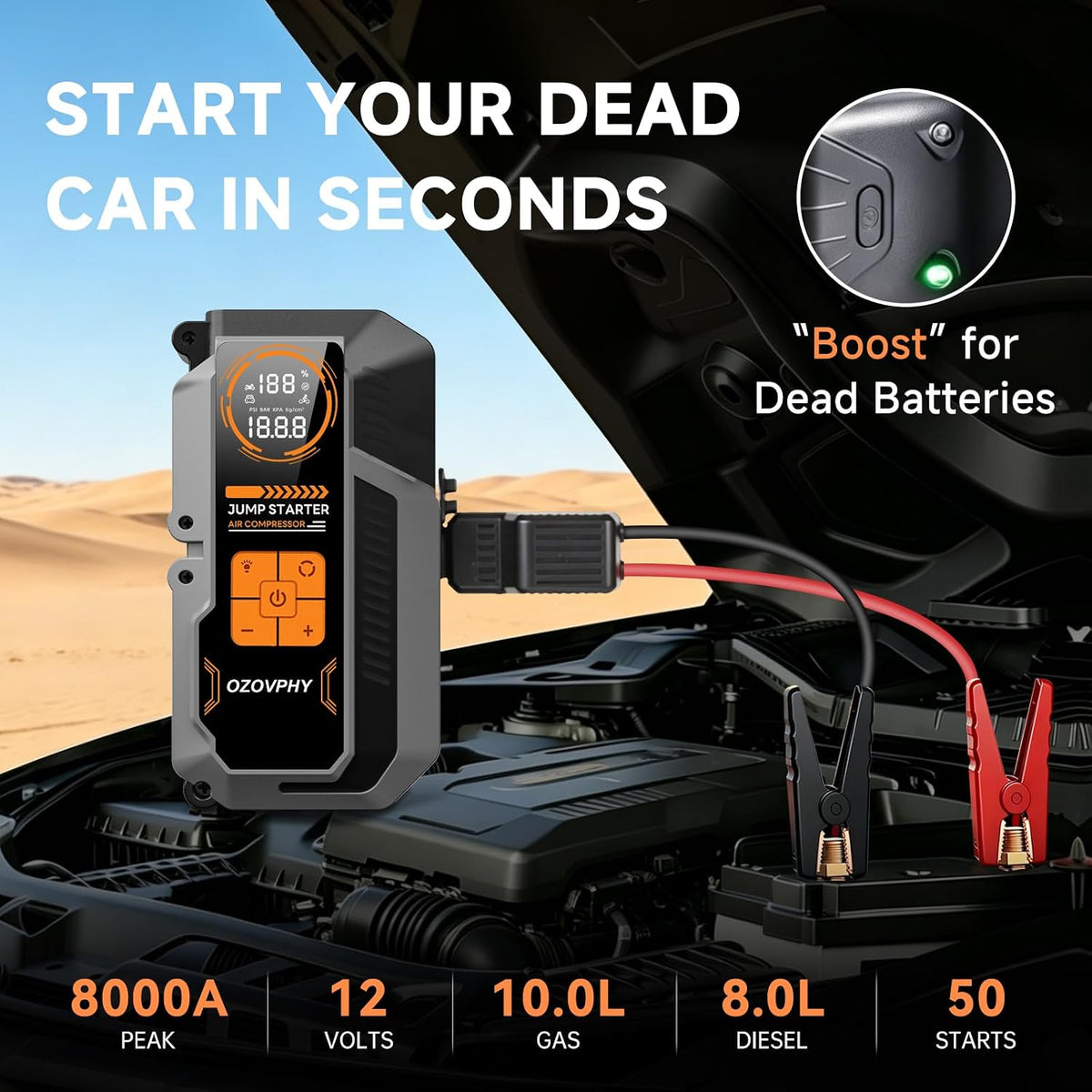 8000A Jump Starter with Air Compressor, 150 PSI Tire Inflator