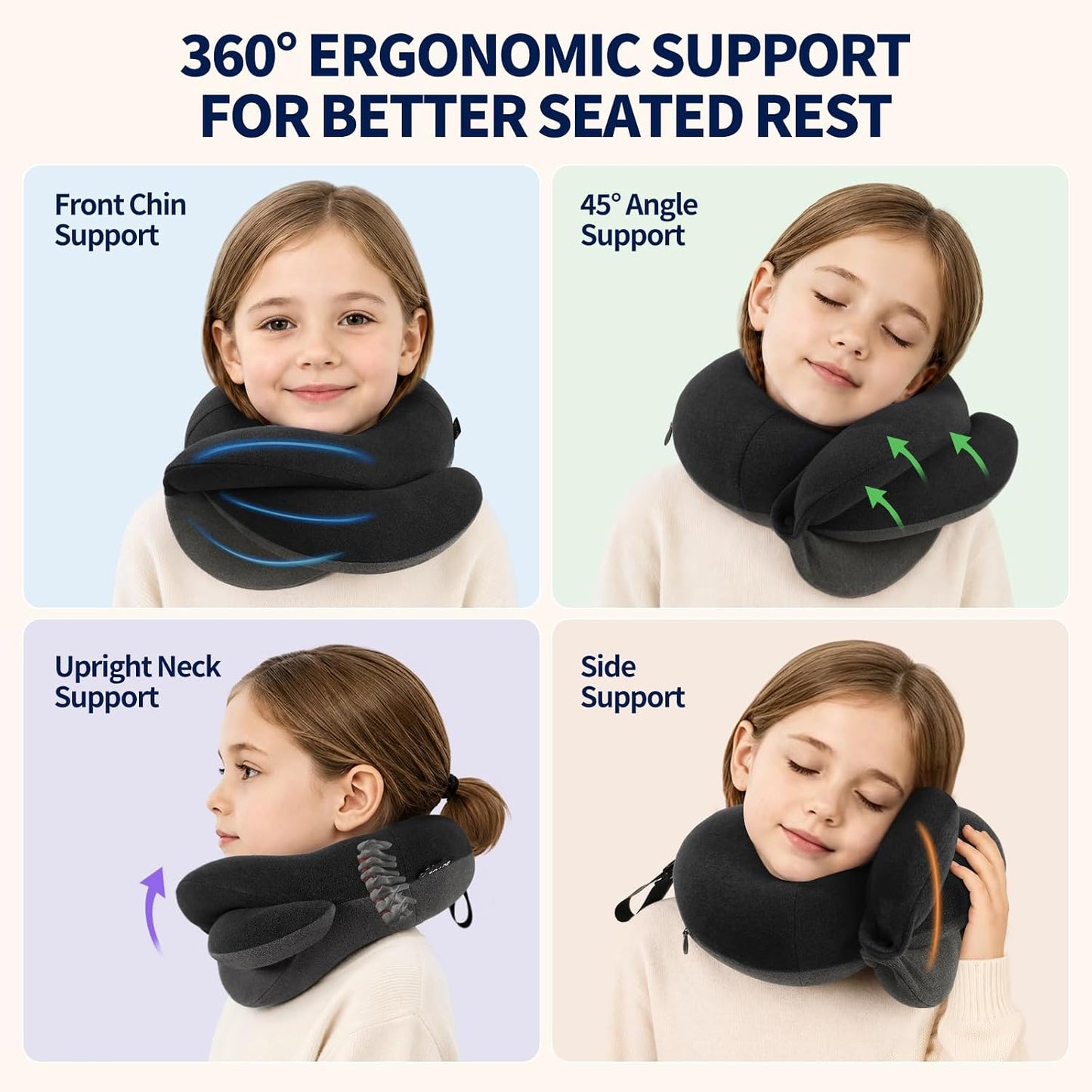BUYUE Kids Travel Pillows for Airplane, Memory Foam 360° Head Support Sleeping Essentials for Long Flight, Skin-Friendly Soft Neck Pillow for Traveling in Car Seat, (Small, Black Grey, 40-90 lbs)