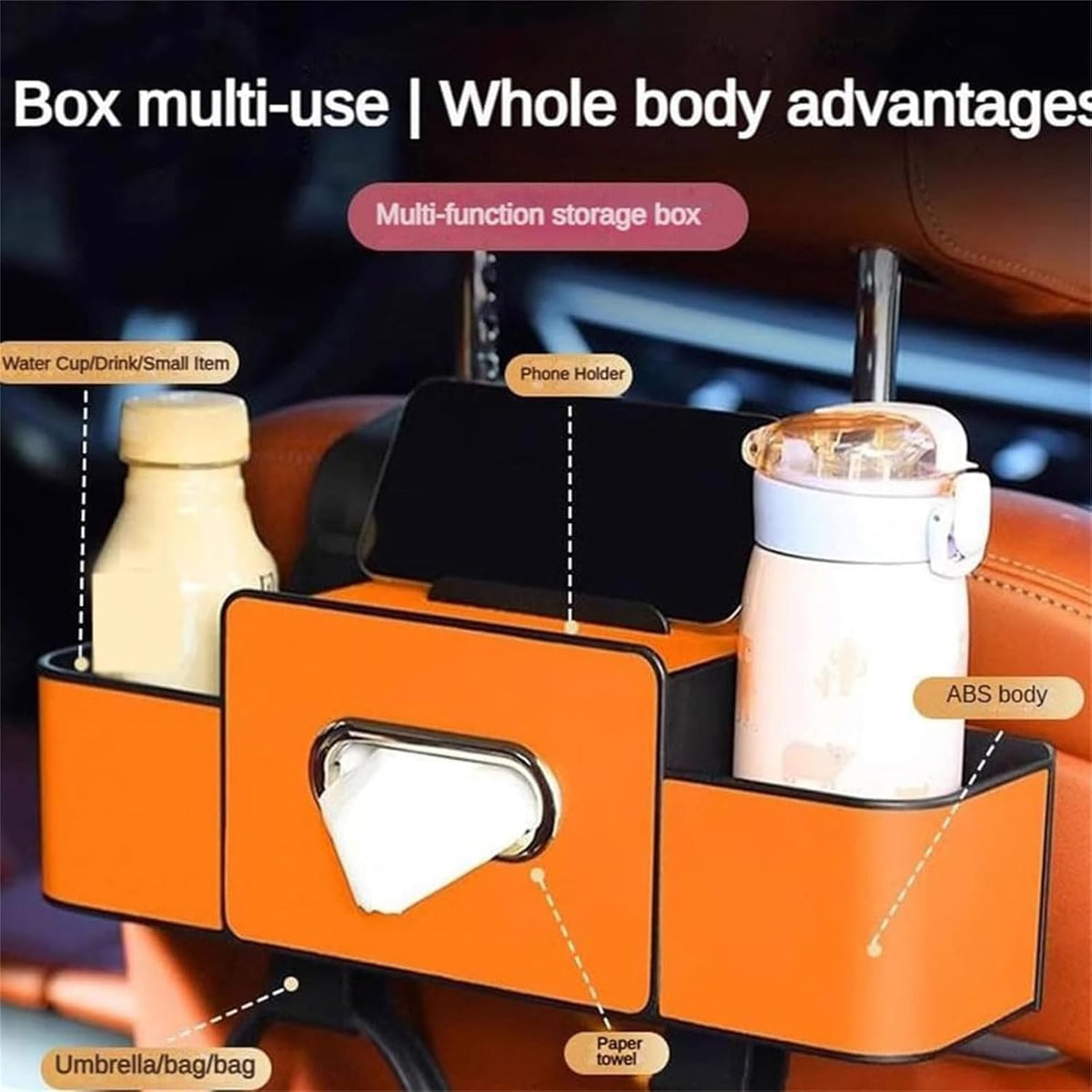 3 in 1 Car Backseat Organizer with Cup Holder, Leather Multifunctional Seat Back Storage with Tissue Box, Phone Holder and Hooks, for Hold Phones, Snacks, Drinks, and Handbags (Brown,1PCS)