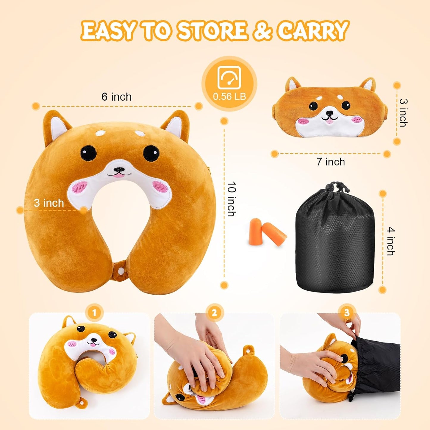 Cirorld Travel Pillow for Kids Adult Cute Neck Pillow for Traveling Memory Foam Airplane Pillow Sleep Mask Animal Flight Pillow Head Rest Neck Support for Cars Long Flights (Dog, 3-8 Y/O)