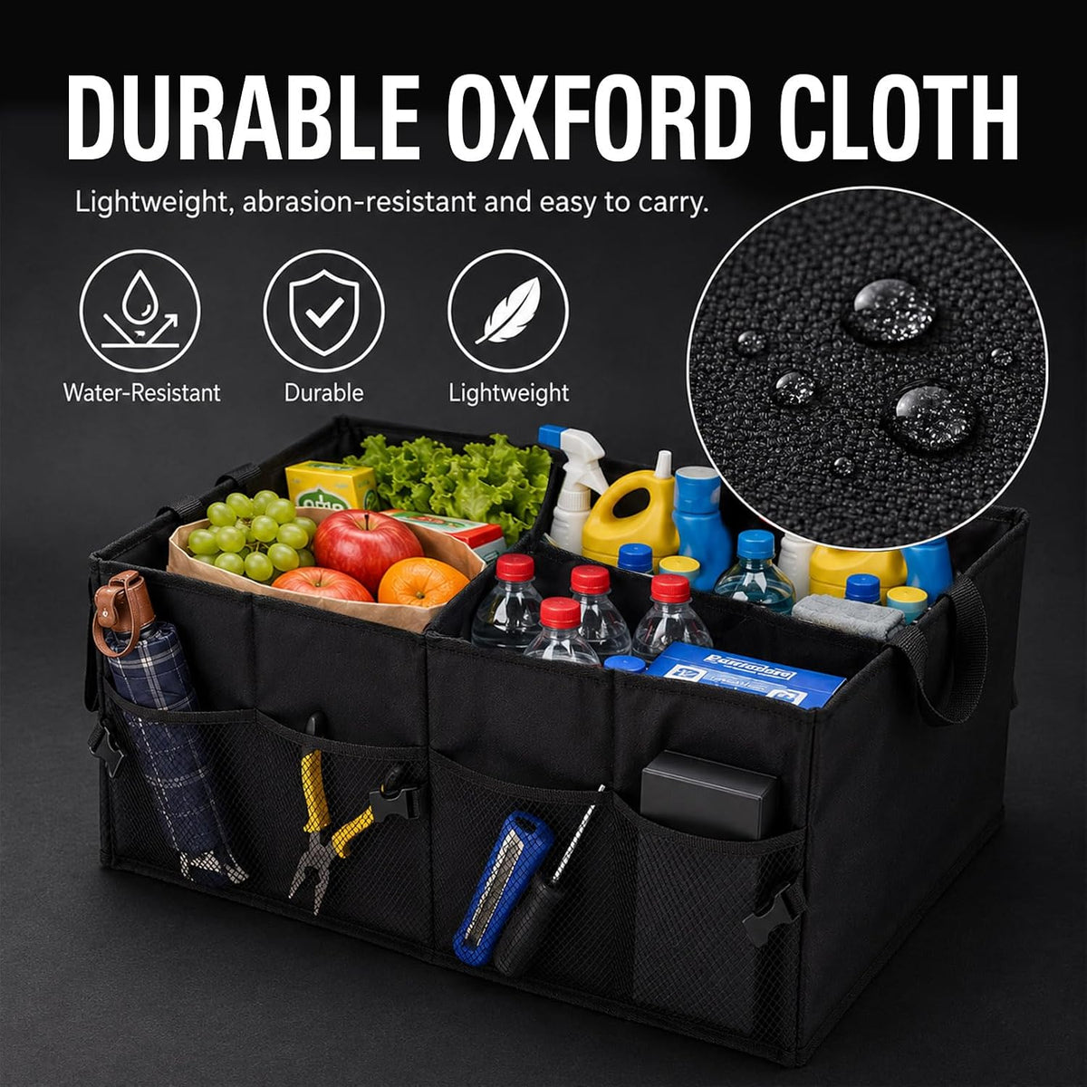 Car Trunk Organizer, Collapsible 3-Compartment Box，Black