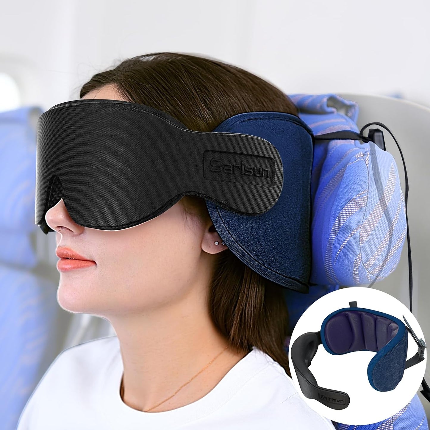 SARISUN Travel Pillows for Airplanes, Airplane Pillow for Long Flight, Airplane Head Strap with Eye Mask for Sleep, Travel Neck Pillow for Car Road Trip, 360° Support Headrest, Stop Bobblehead, Orange